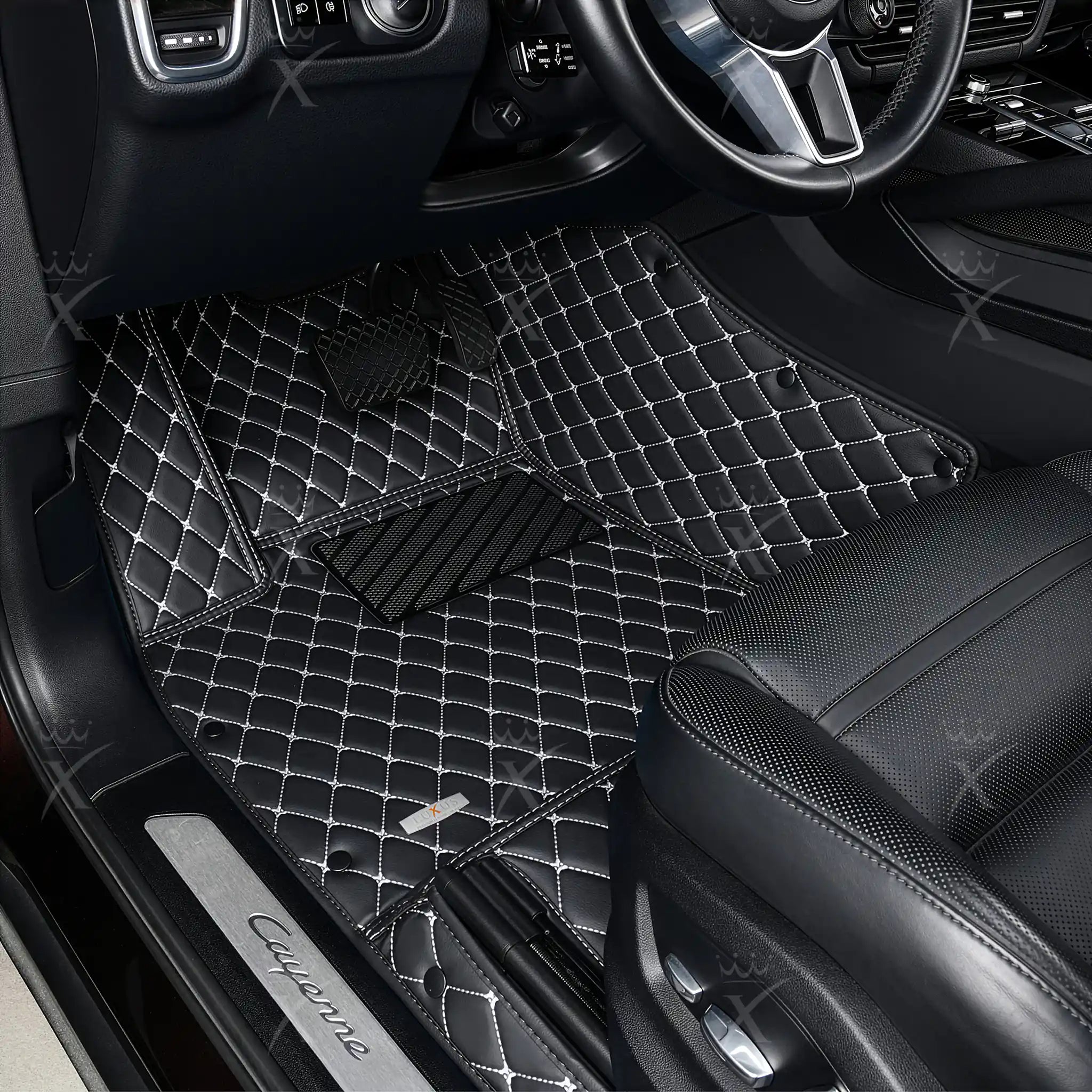 Luxus Premium Diamond Custom Car Mats Set | Black & White Stitching
