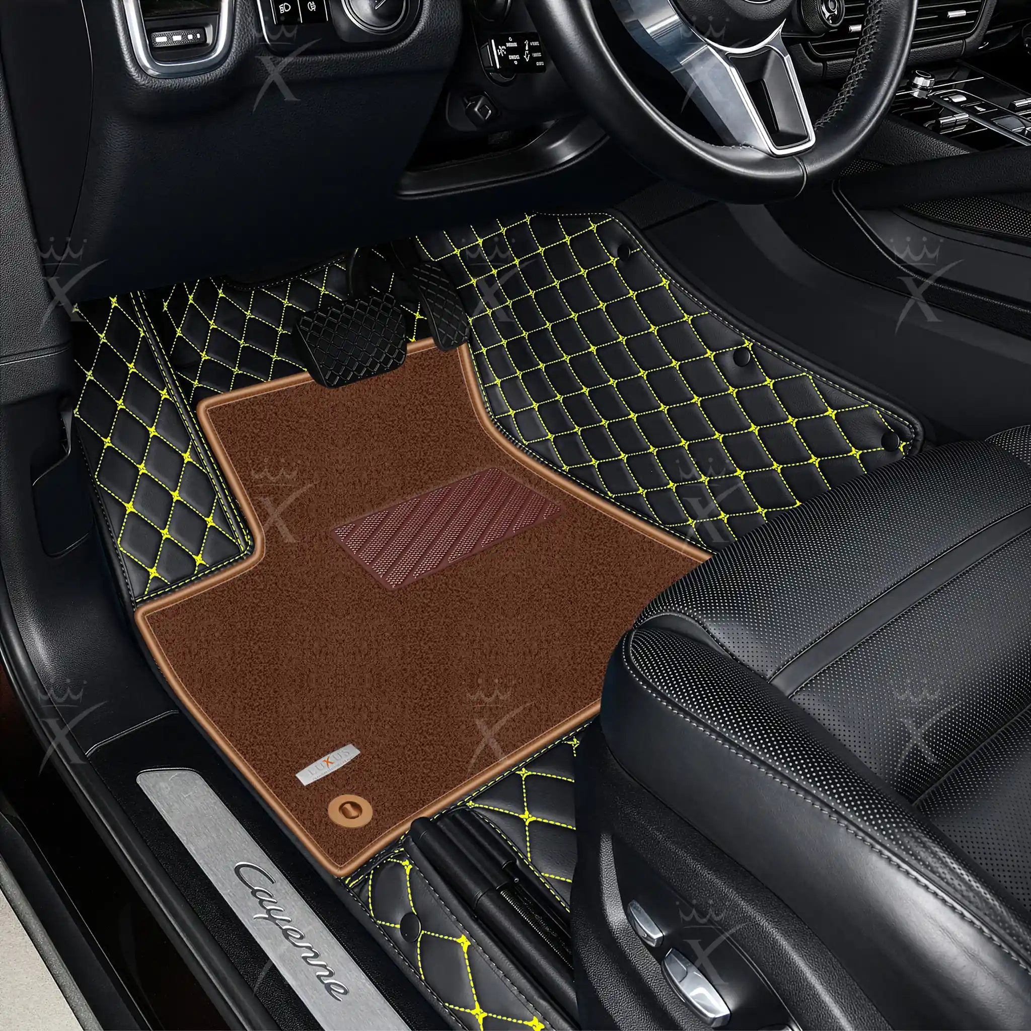 Black & Yellow Stitching Diamond & Brown Carpet | Double Layer Luxury Car Mats Set