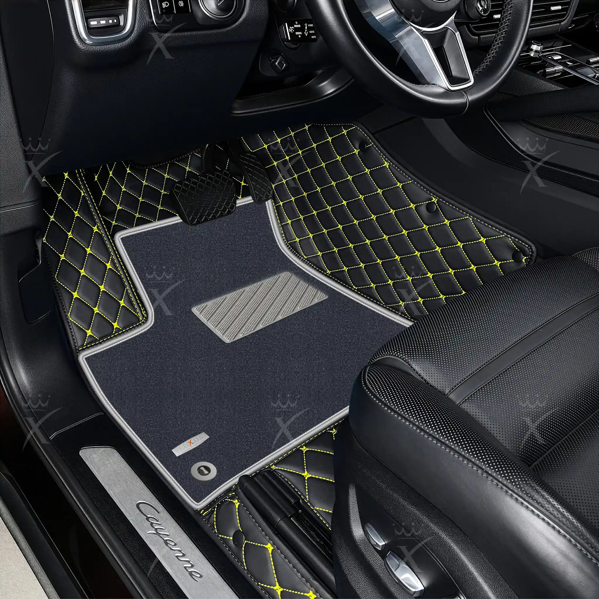 Black & Yellow Stitching Diamond & Gray Carpet | Double Layer Luxury Car Mats Set