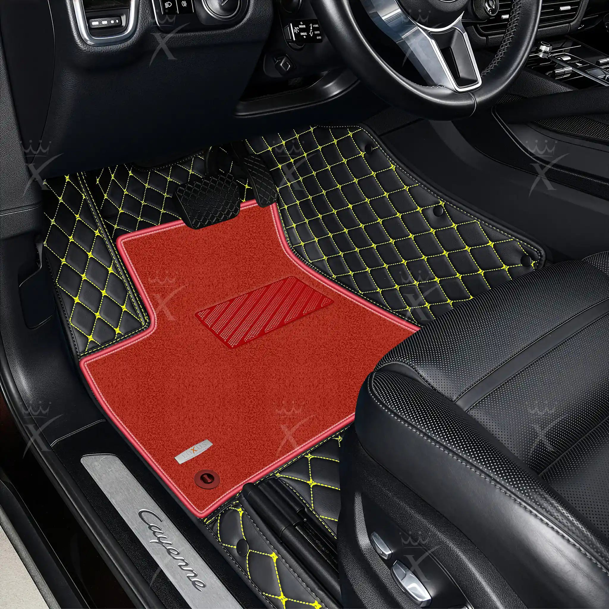 Black & Yellow Stitching Diamond & Red Carpet | Double Layer Luxury Car Mats Set