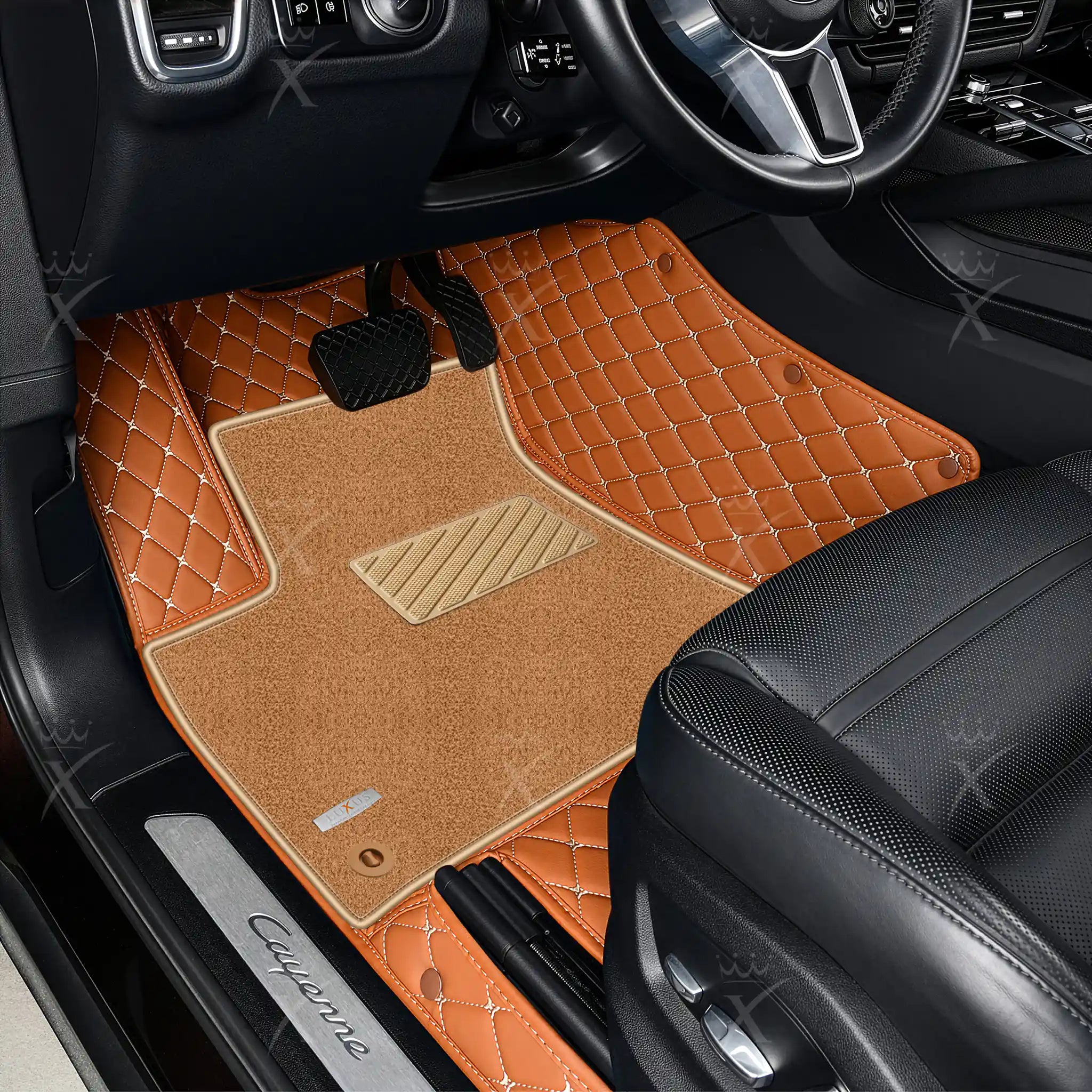 Caramel Brown Diamond & Beige Carpet | Double Layer Luxury Car Mats Set