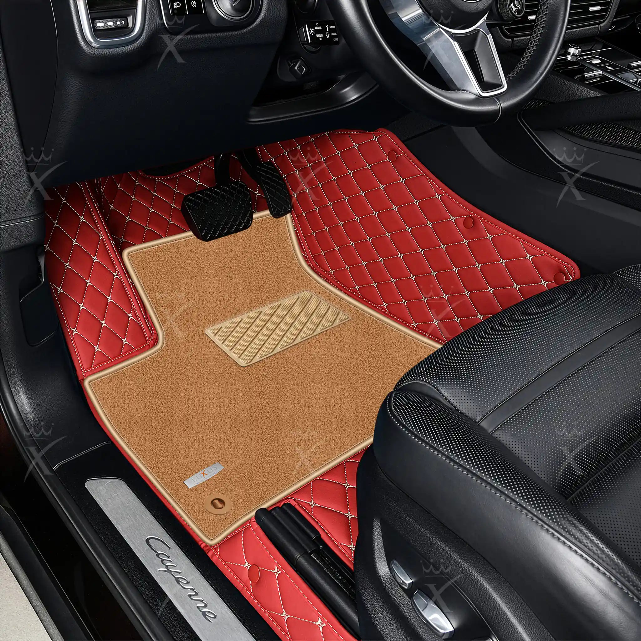 Cherry Red Diamond & Beige Carpet | Double Layer Luxury Car Mats Set