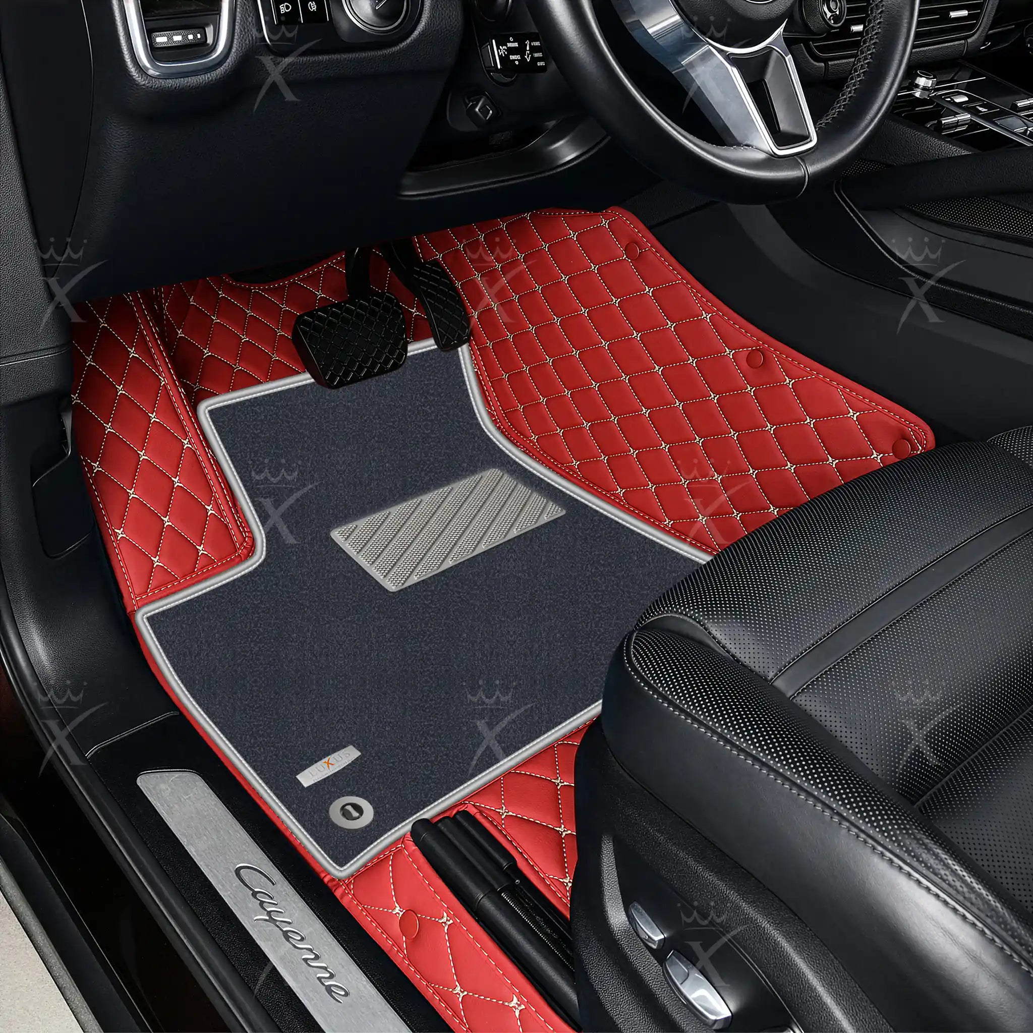 Luxus Diamond Double Layer Series Floor Mats | Cherry Red & Gray Top Carpet