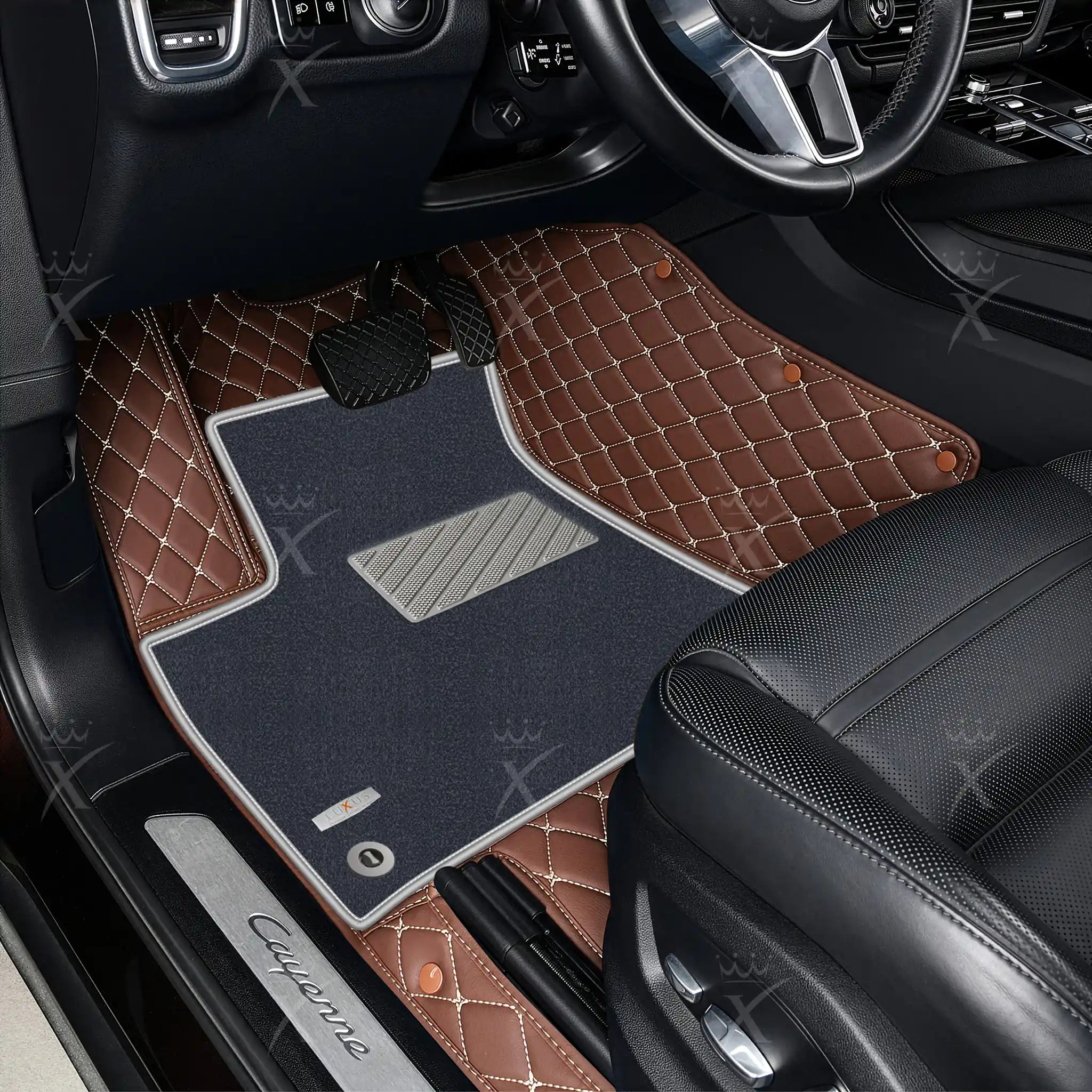 Chocolate Brown Diamond & Grey Carpet | Double Layer Luxury Car Mats Set