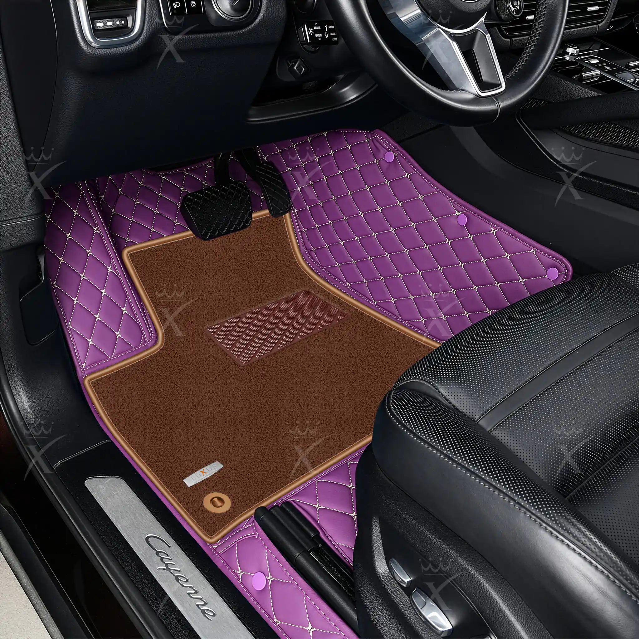Lavender Purple Diamond & Brown Carpet | Double Layer Luxury Car Mats Set