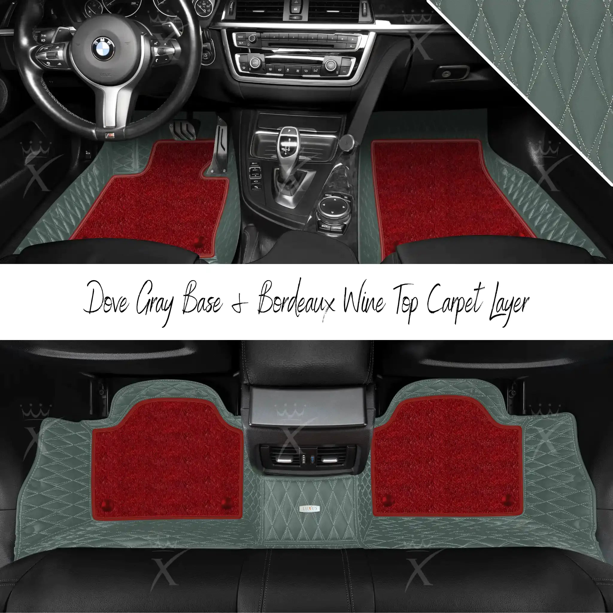 Dove Gray Twin Diamond & Bordeaux Wine Carpet | Double Layer Luxury Car Mats Set