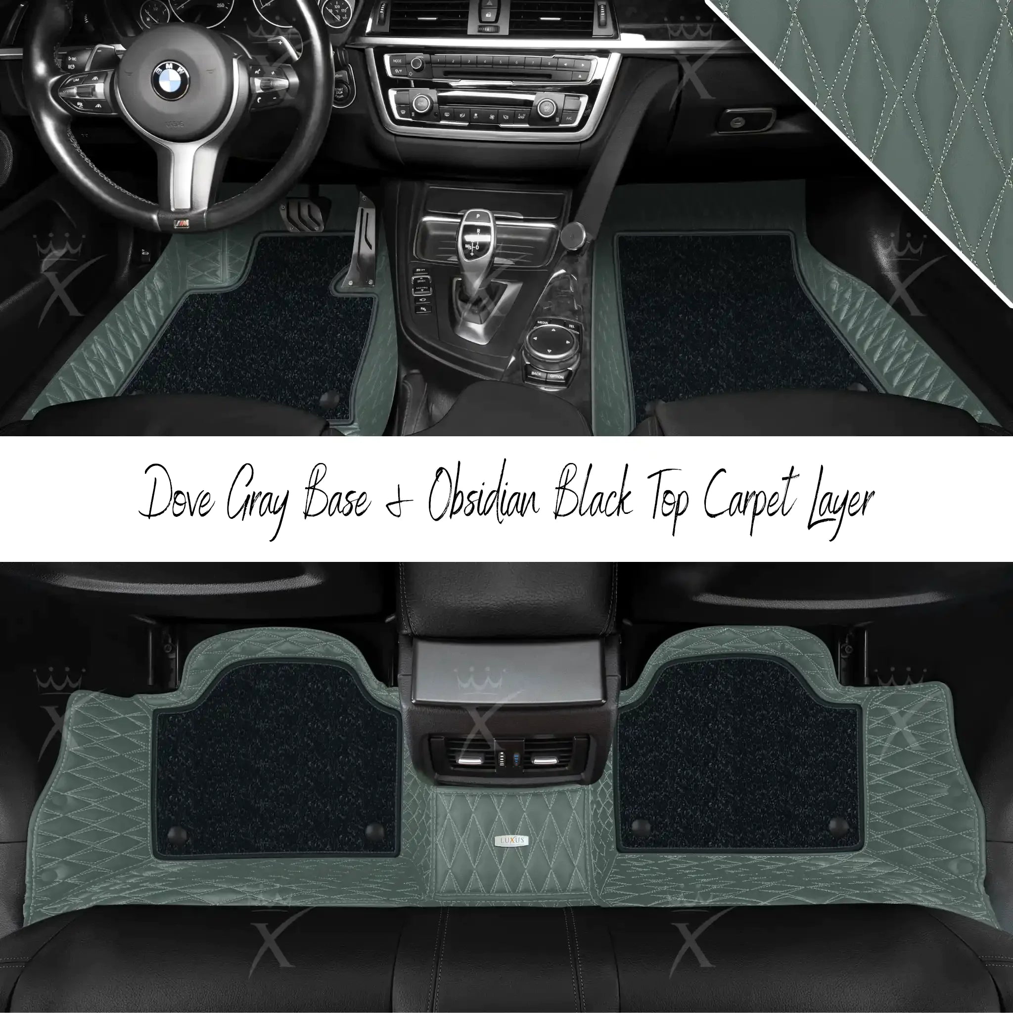 Dove Gray Twin Diamond & Obsidian Black Carpet | Double Layer Luxury Car Mats Set