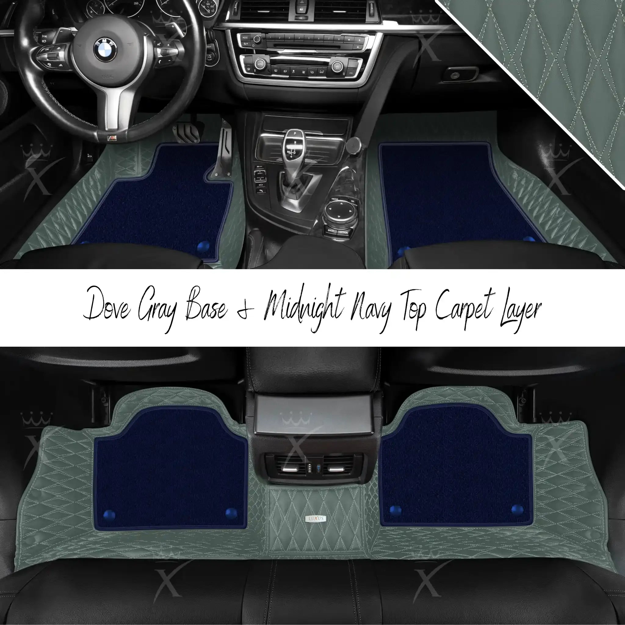 Dove Gray Twin Diamond & Midnight Navy Carpet | Double Layer Luxury Car Mats Set
