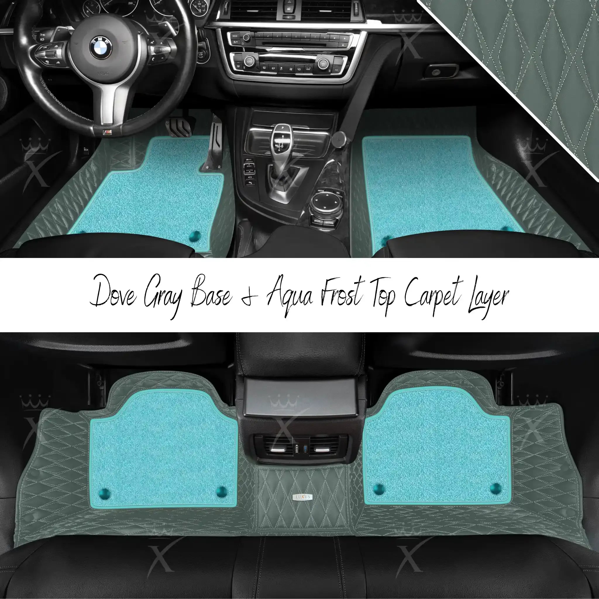 Dove Gray Twin Diamond & Aqua Frost Carpet | Double Layer Luxury Car Mats Set