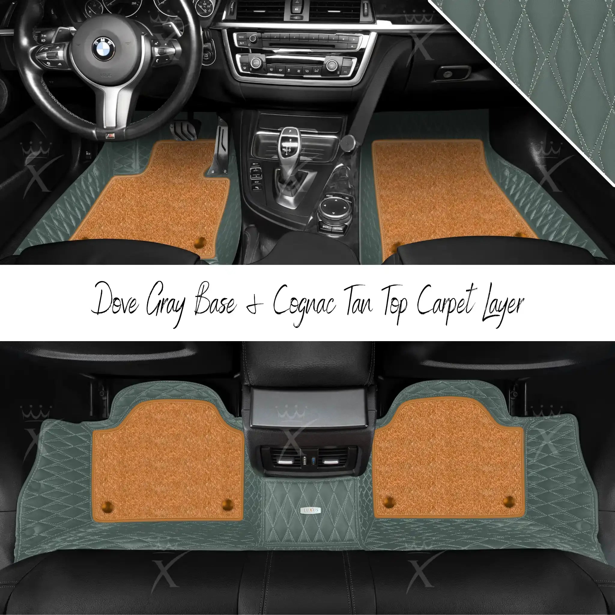 Dove Gray Twin Diamond & Cognac Tan Carpet | Double Layer Luxury Car Mats Set