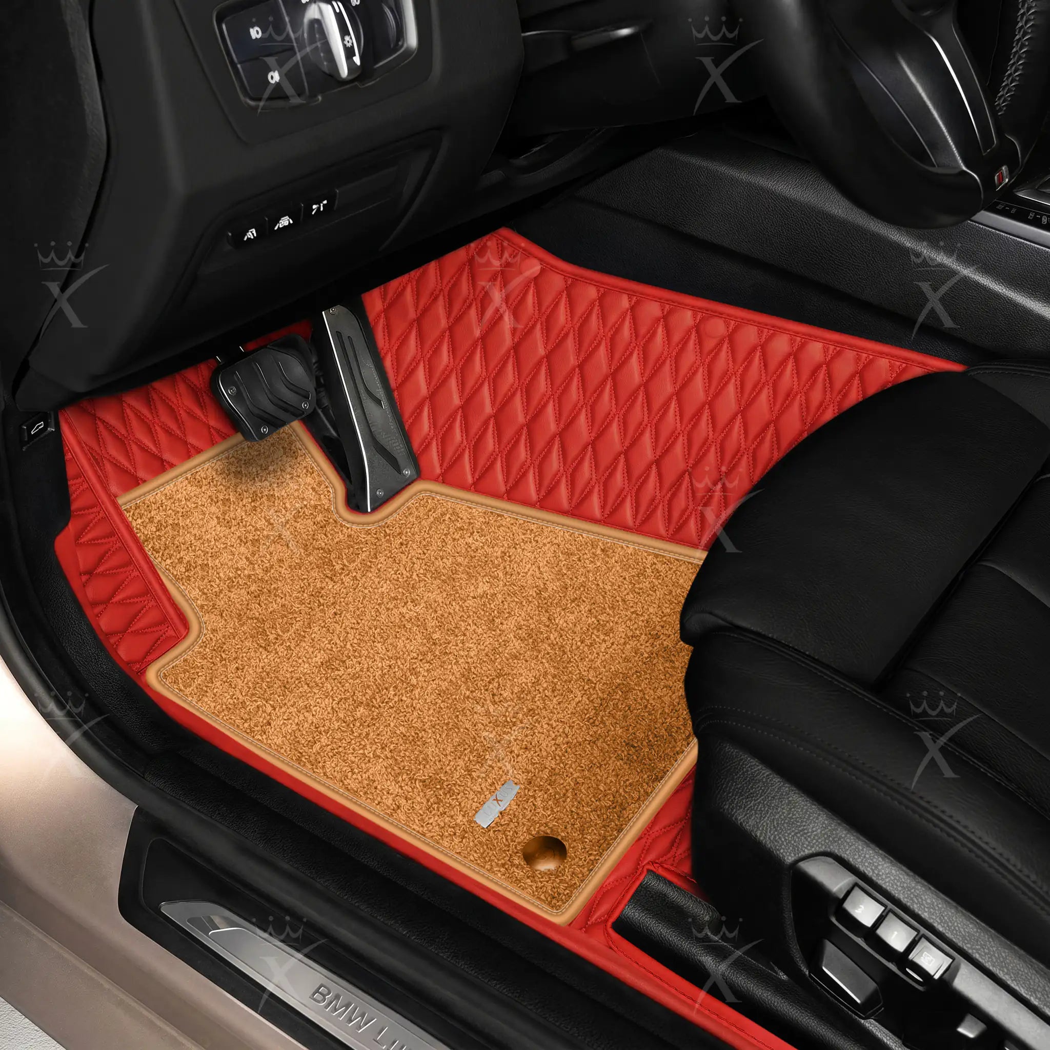 Luxus Twin-Diamond Double Layer Series Floor Mats | Ferrari Red & Cognac Tan Top Carpet
