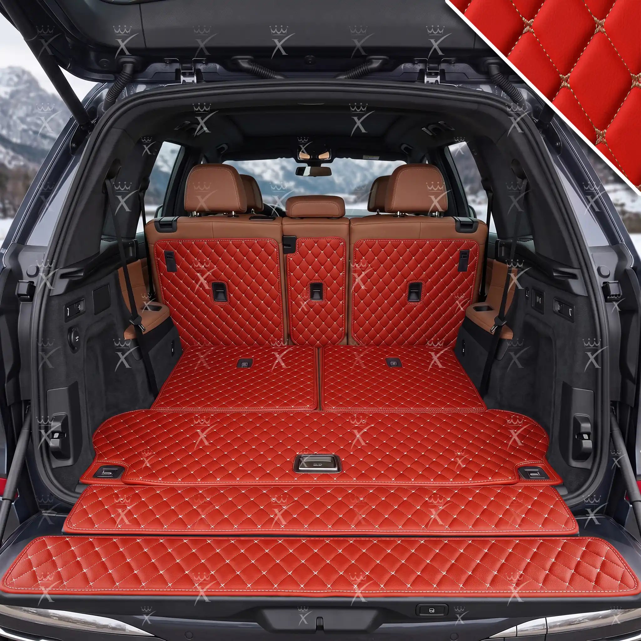 Luxus Car Mats™ - Tapete para maletero/maletero de cuero de lujo con costuras negras y negras en 3D