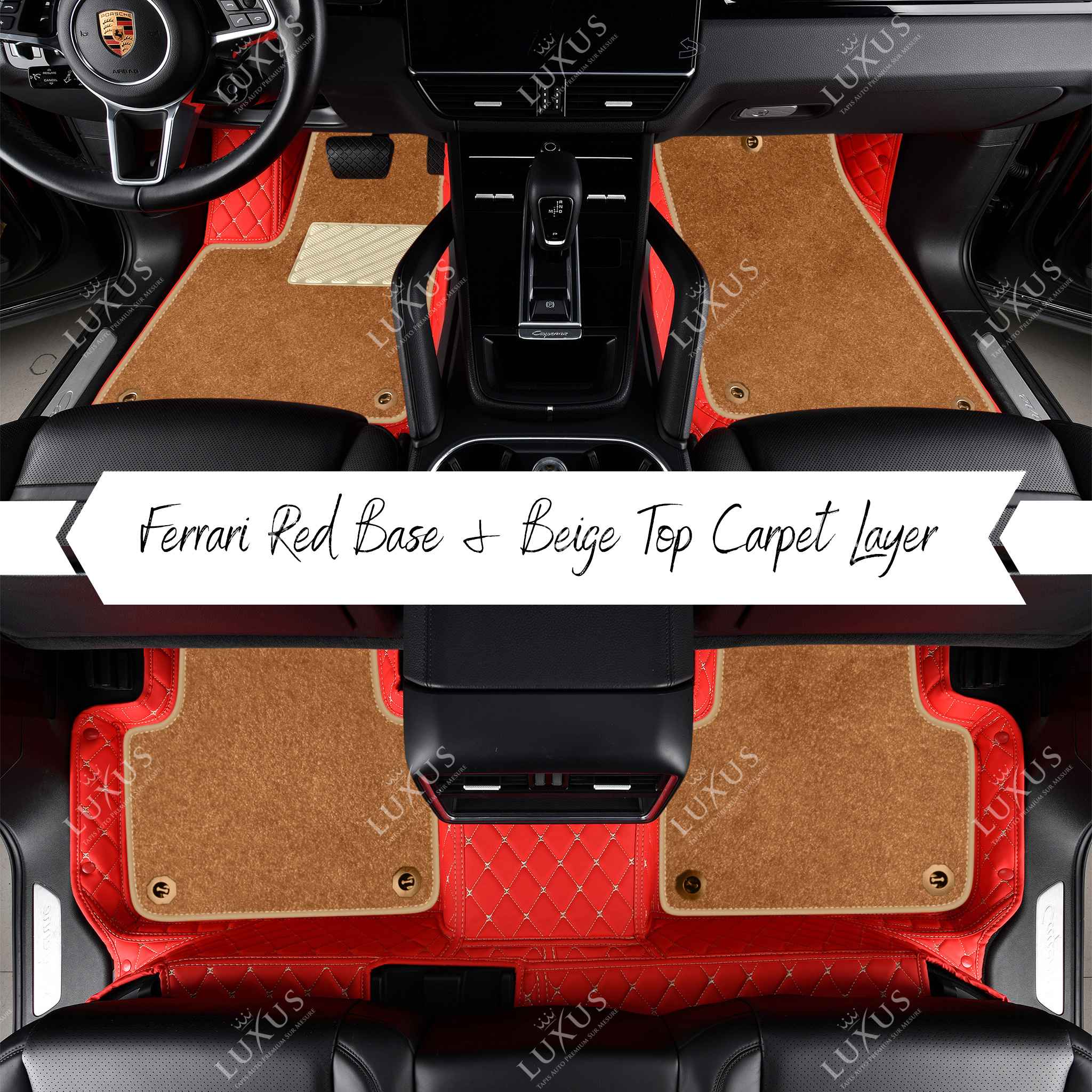 Ferrari Red Diamond Base & Beige Top Carpet Double Layer Luxury Car Mats Set