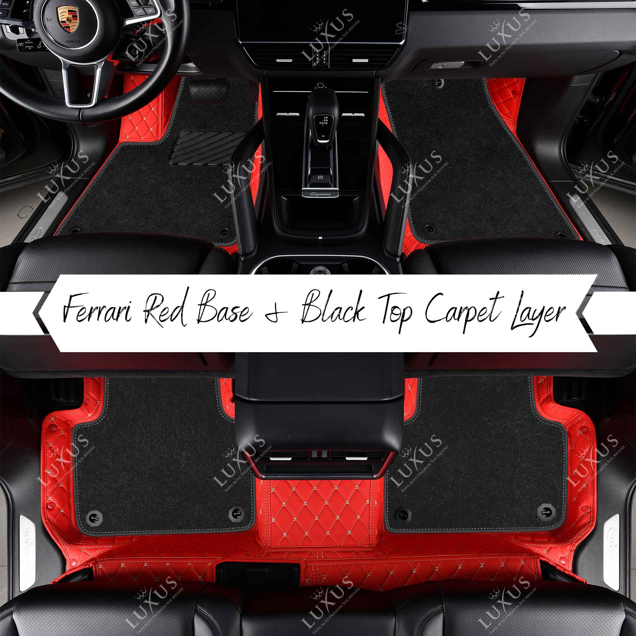 Ferrari Red Diamond Base & Black Top Carpet Double Layer Luxury Car Mats Set