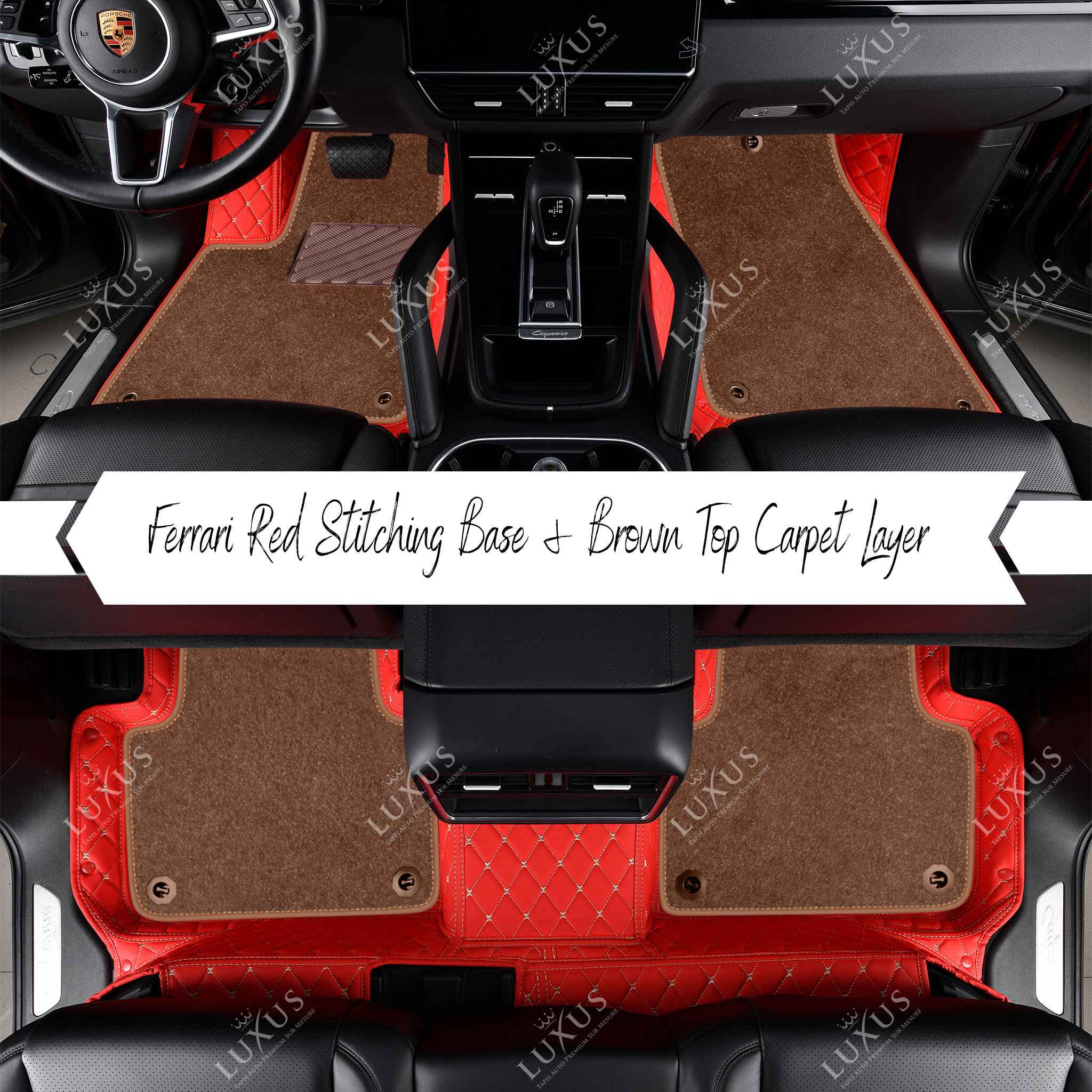 Ferrari Red Diamond Base & Brown Top Carpet Double Layer Luxury Car Mats Set