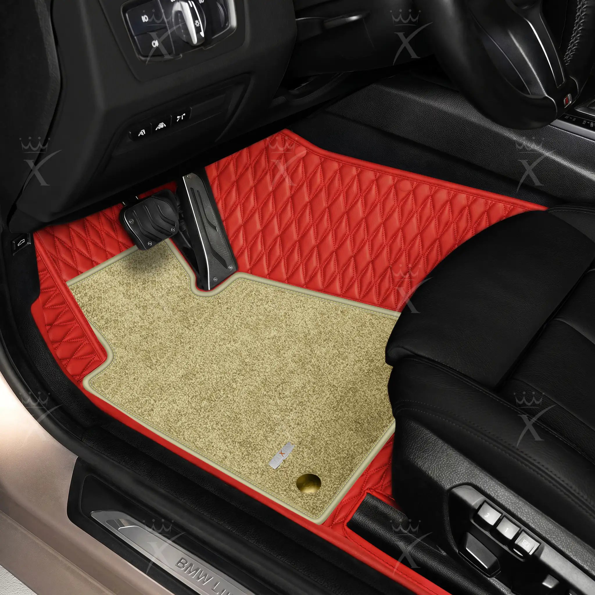 Luxus Twin-Diamond Double Layer Series Floor Mats | Ferrari Red & Sahara Stone Top Carpet