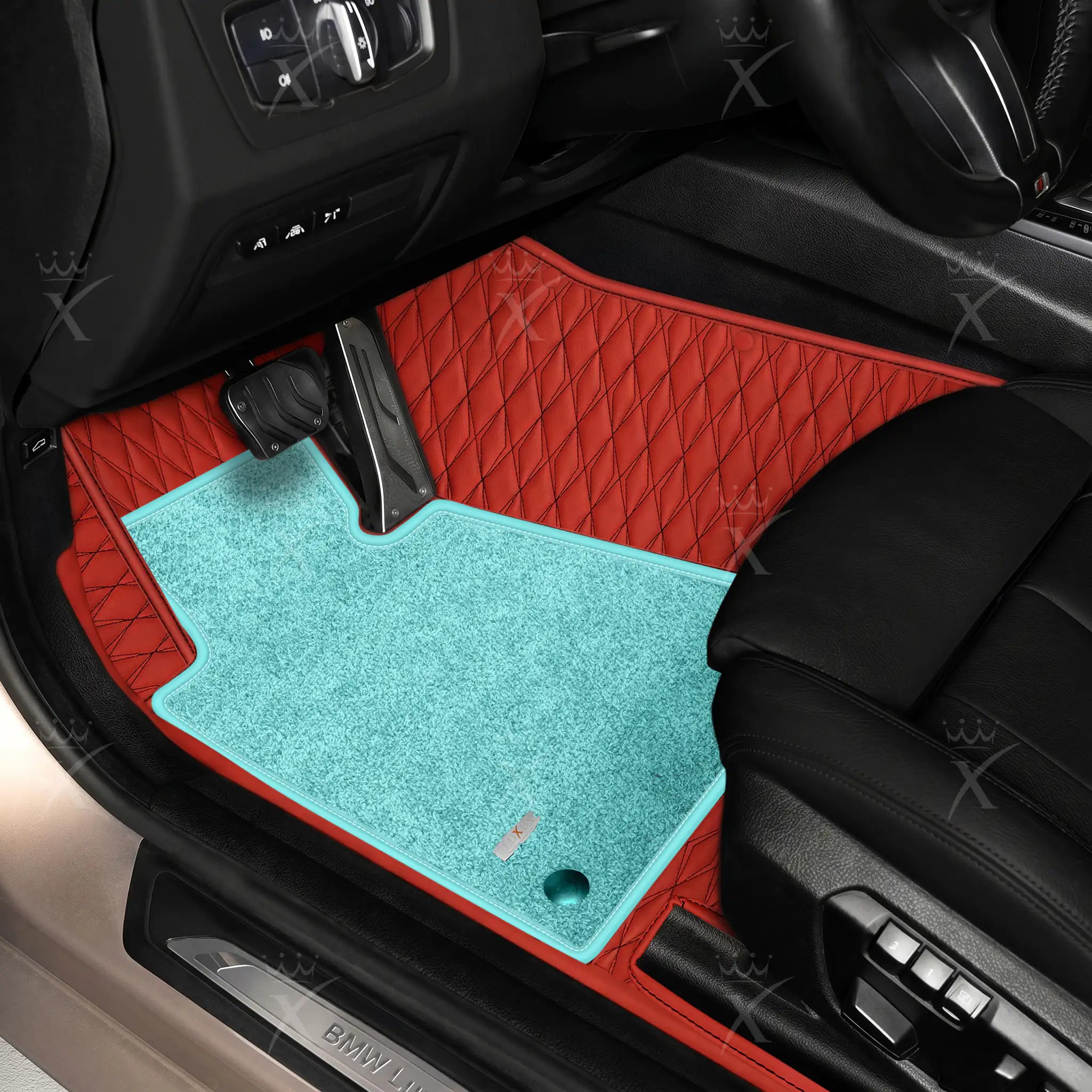 Luxus Twin-Diamond Double Layer Series Floor Mats | Ferrari Red & Black Stitching & Aqua Frost Top Carpet