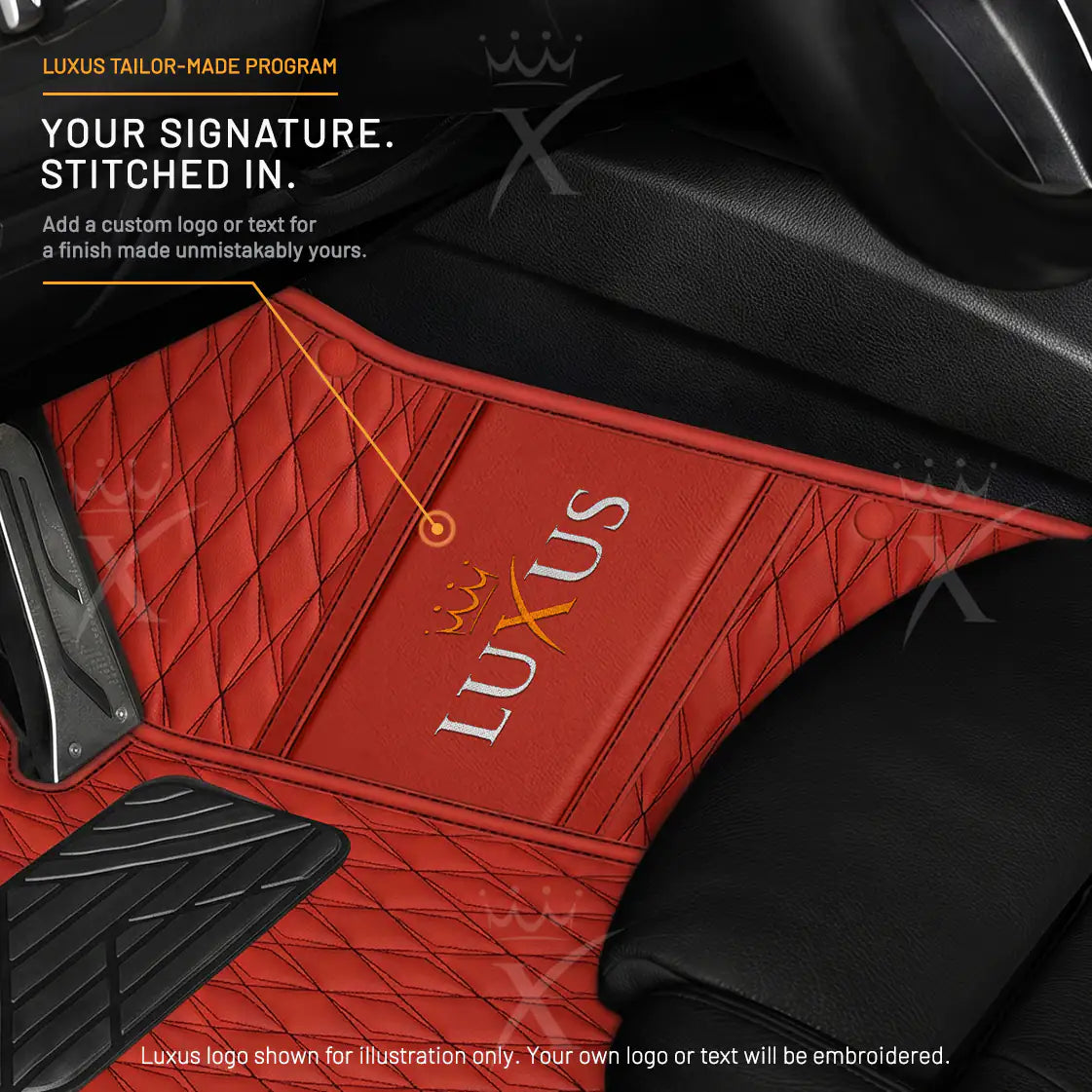 Luxus Twin-Diamond Double Layer Series Floor Mats | Ferrari Red & Black Stitching & Onyx Charcoal Top Carpet