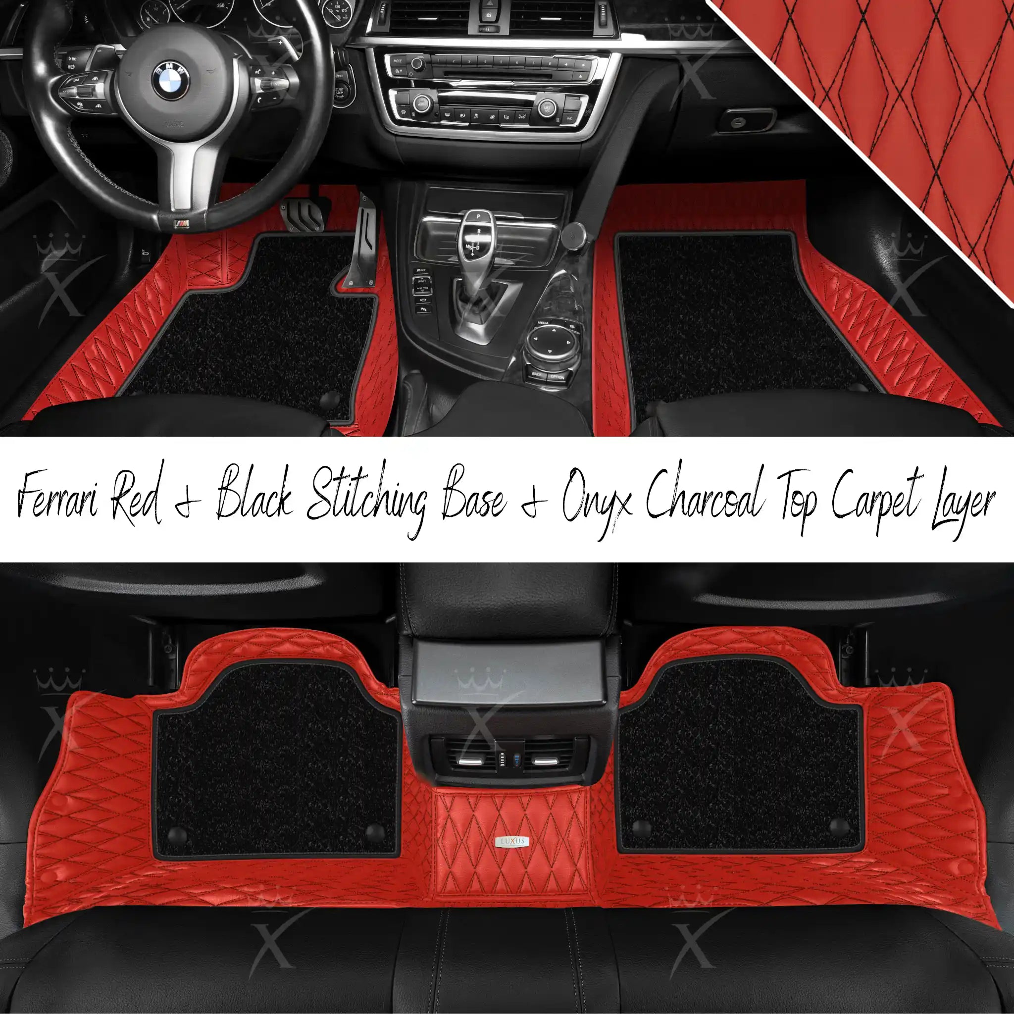 Ferrari Red & Black Stitching Twin Diamond & Onyx Charcoal Carpet | Double Layer Luxury Car Mats Set