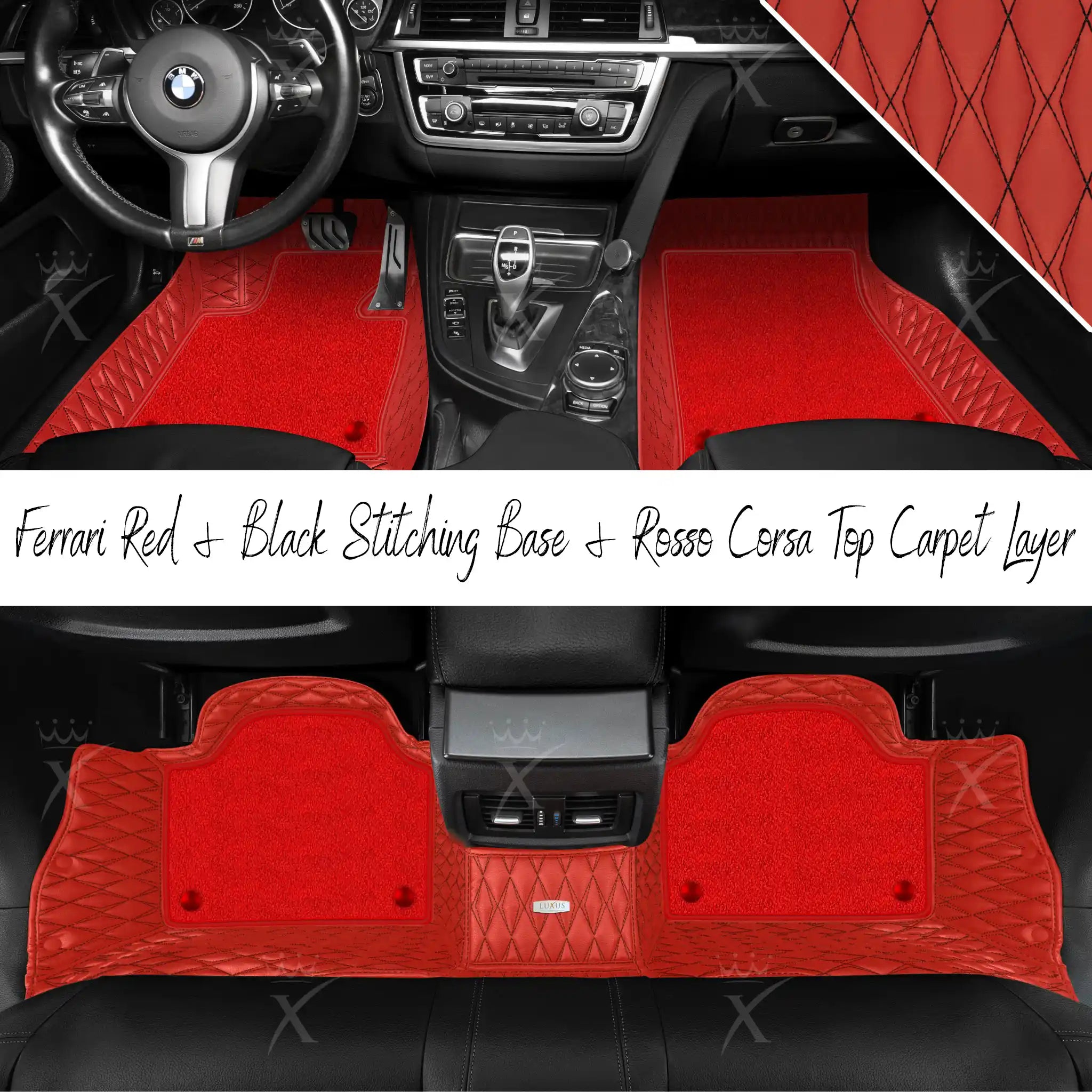 Ferrari Red & Black Stitching Twin Diamond & Rosso Corsa Carpet | Double Layer Luxury Car Mats Set