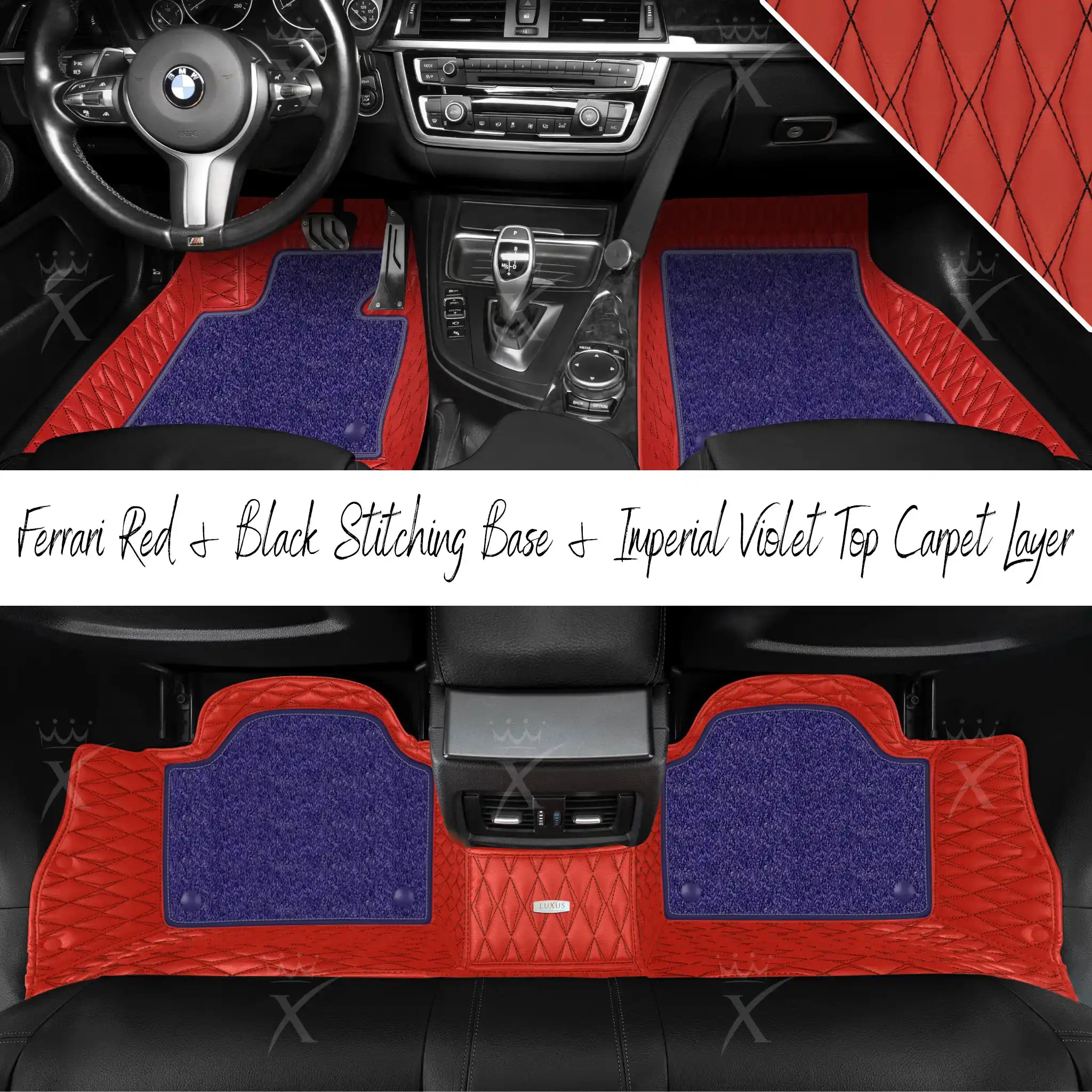 Ferrari Red & Black Stitching Twin Diamond & Imperial Violet Carpet | Double Layer Luxury Car Mats Set