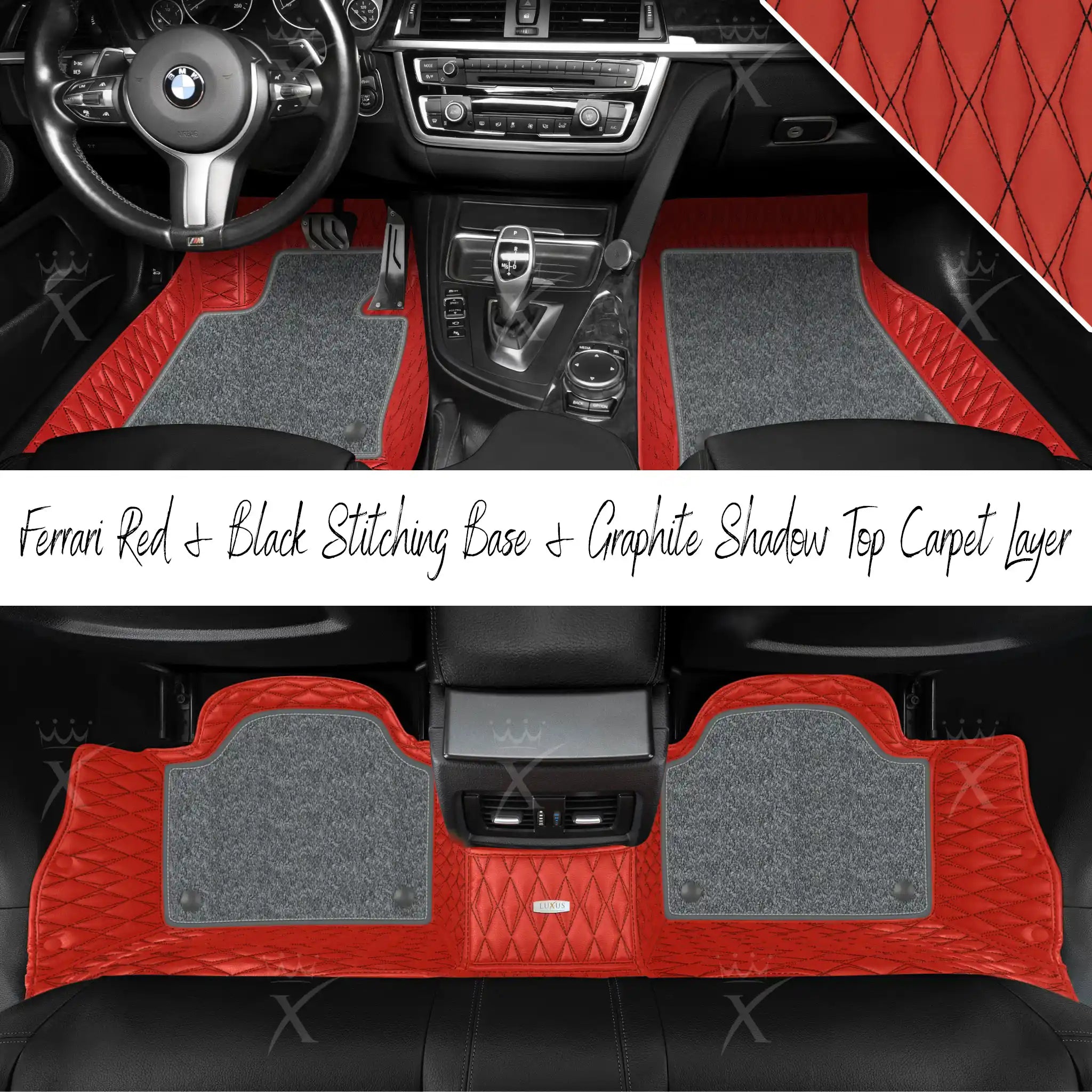 Ferrari Red & Black Stitching Twin Diamond & Graphite Shadow Carpet | Double Layer Luxury Car Mats Set