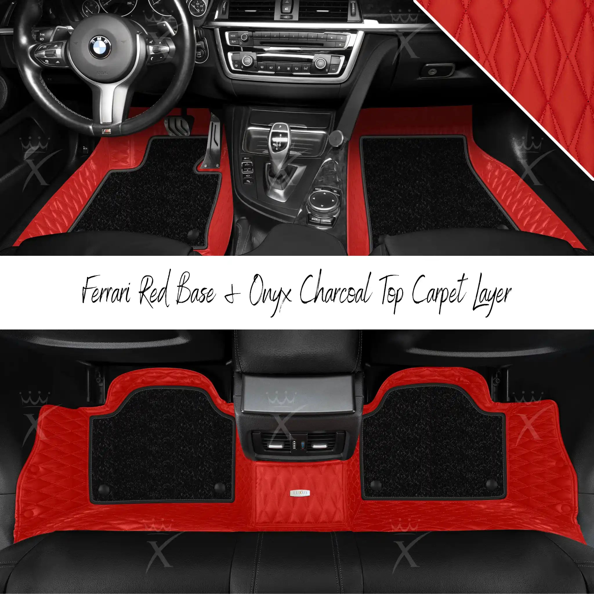 Ferrari Red Twin Diamond & Onyx Charcoal Carpet | Double Layer Luxury Car Mats Set