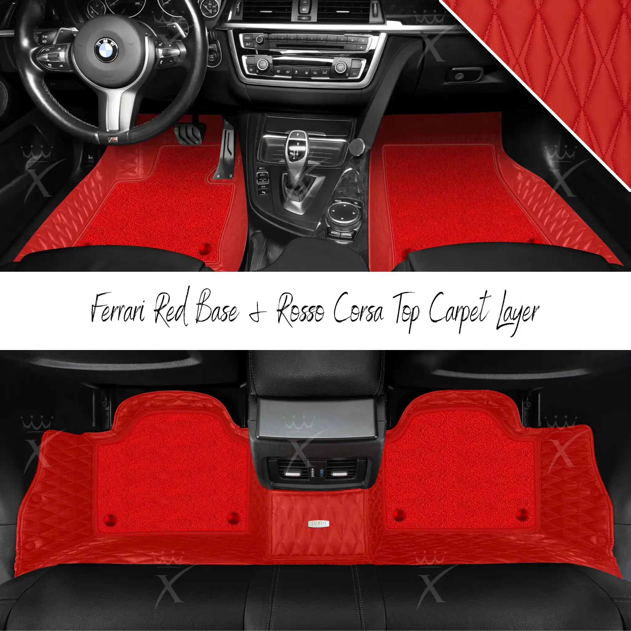 Ferrari Red Twin Diamond & Rosso Corsa Carpet | Double Layer Luxury Car Mats Set
