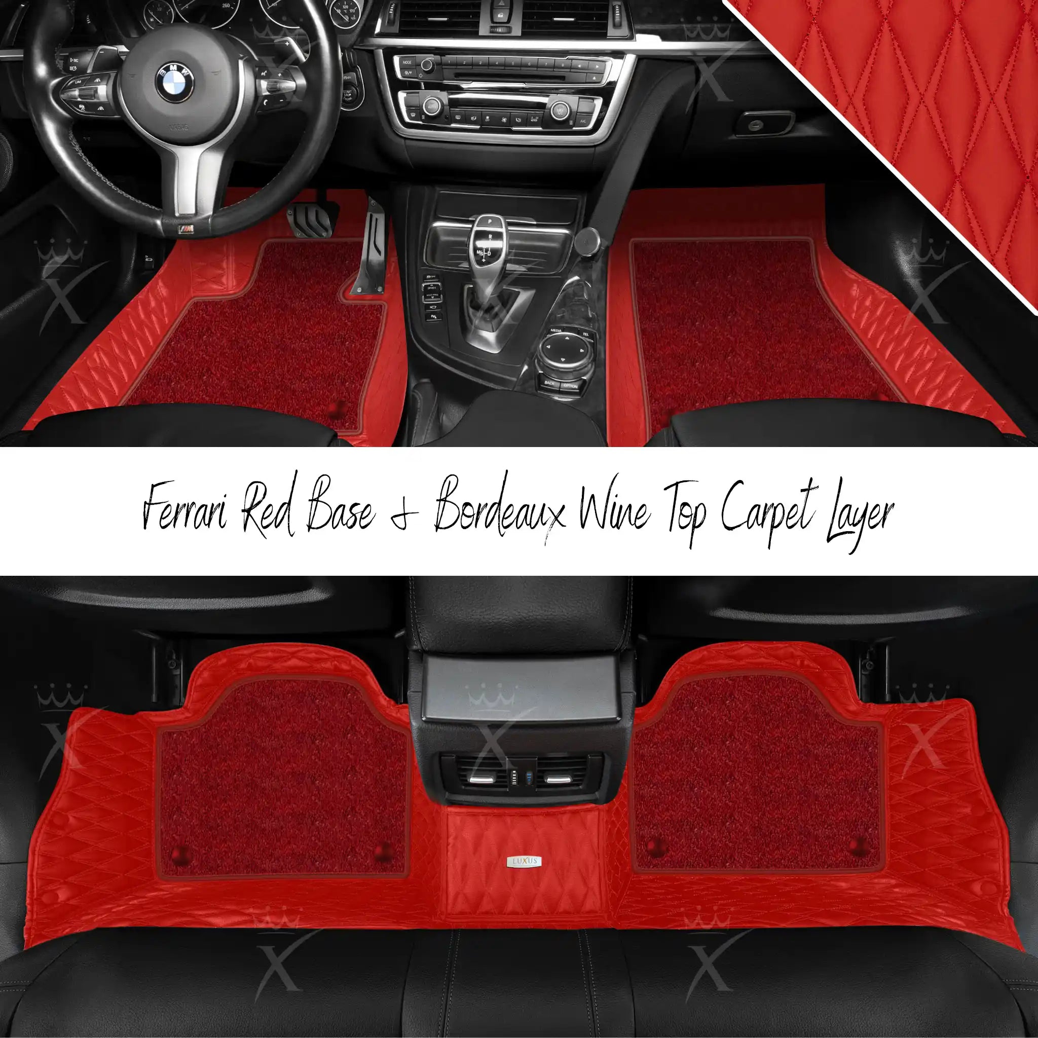 Ferrari Red Twin Diamond & Bordeaux Wine Carpet | Double Layer Luxury Car Mats Set