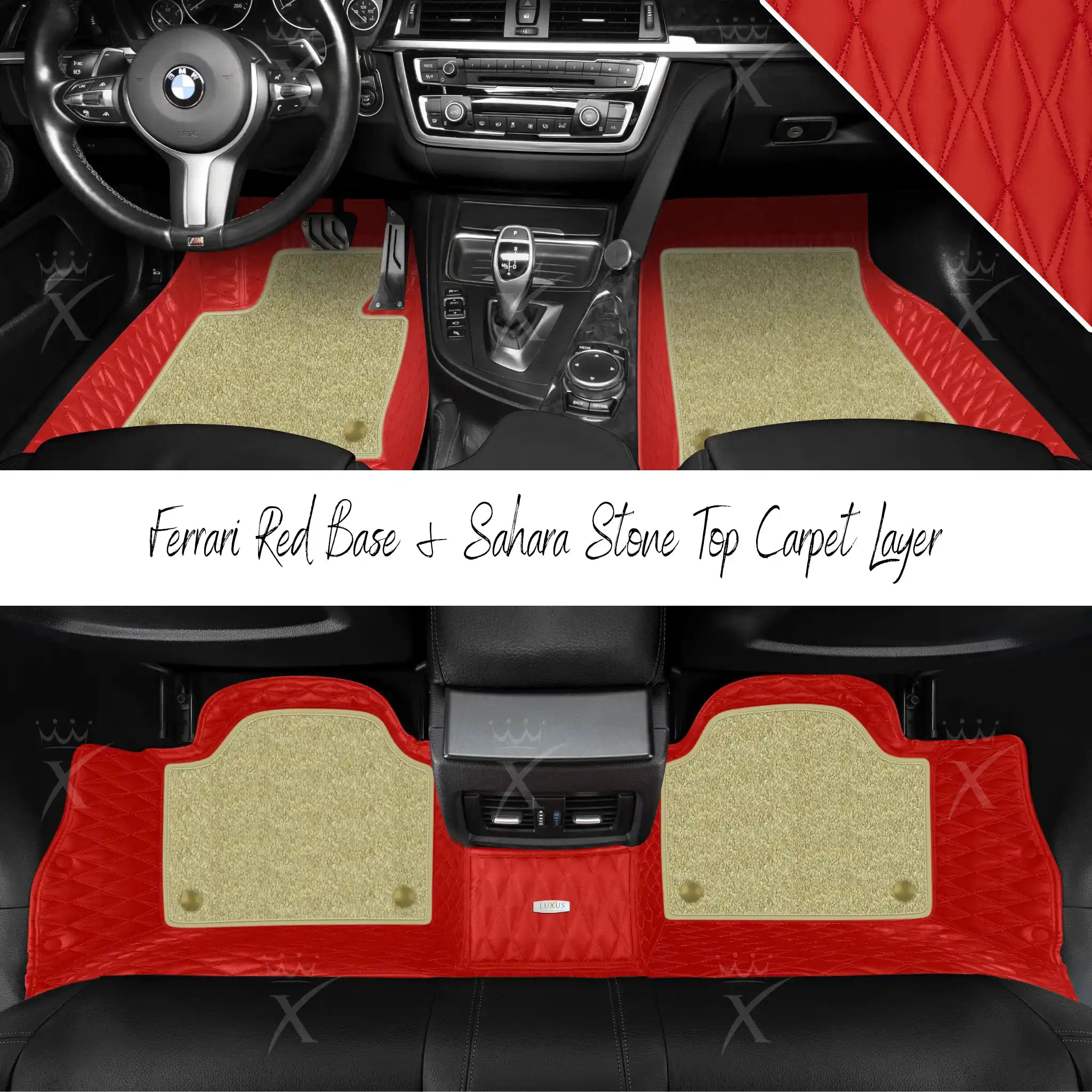 Ferrari Red Twin Diamond & Sahara Stone Carpet | Double Layer Luxury Car Mats Set