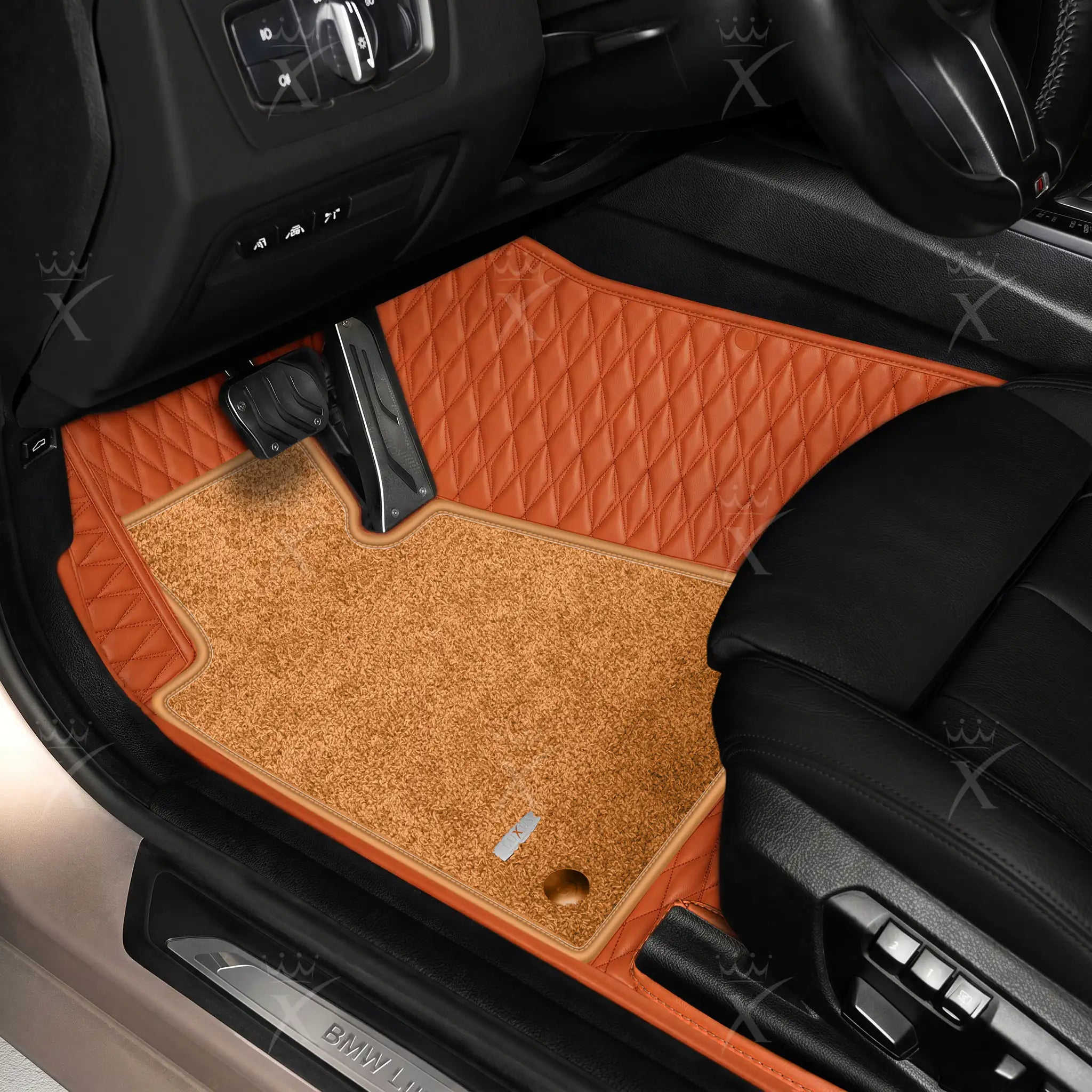 Luxus Twin-Diamond Double Layer Series Floor Mats | Fiery Orange & Cognac Tan Top Carpet
