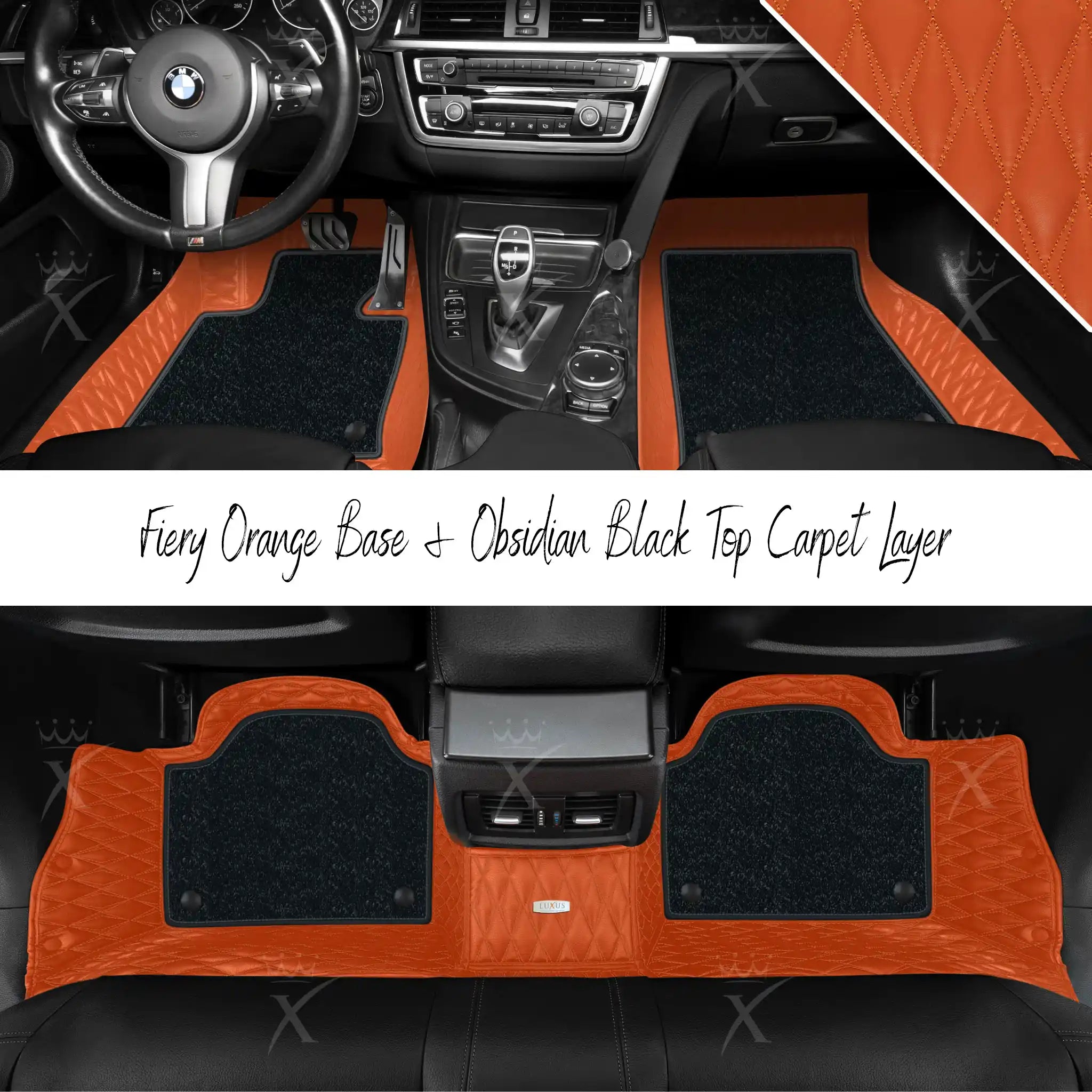 Fiery Orange Twin Diamond & Obsidian Black Carpet | Double Layer Luxury Car Mats Set