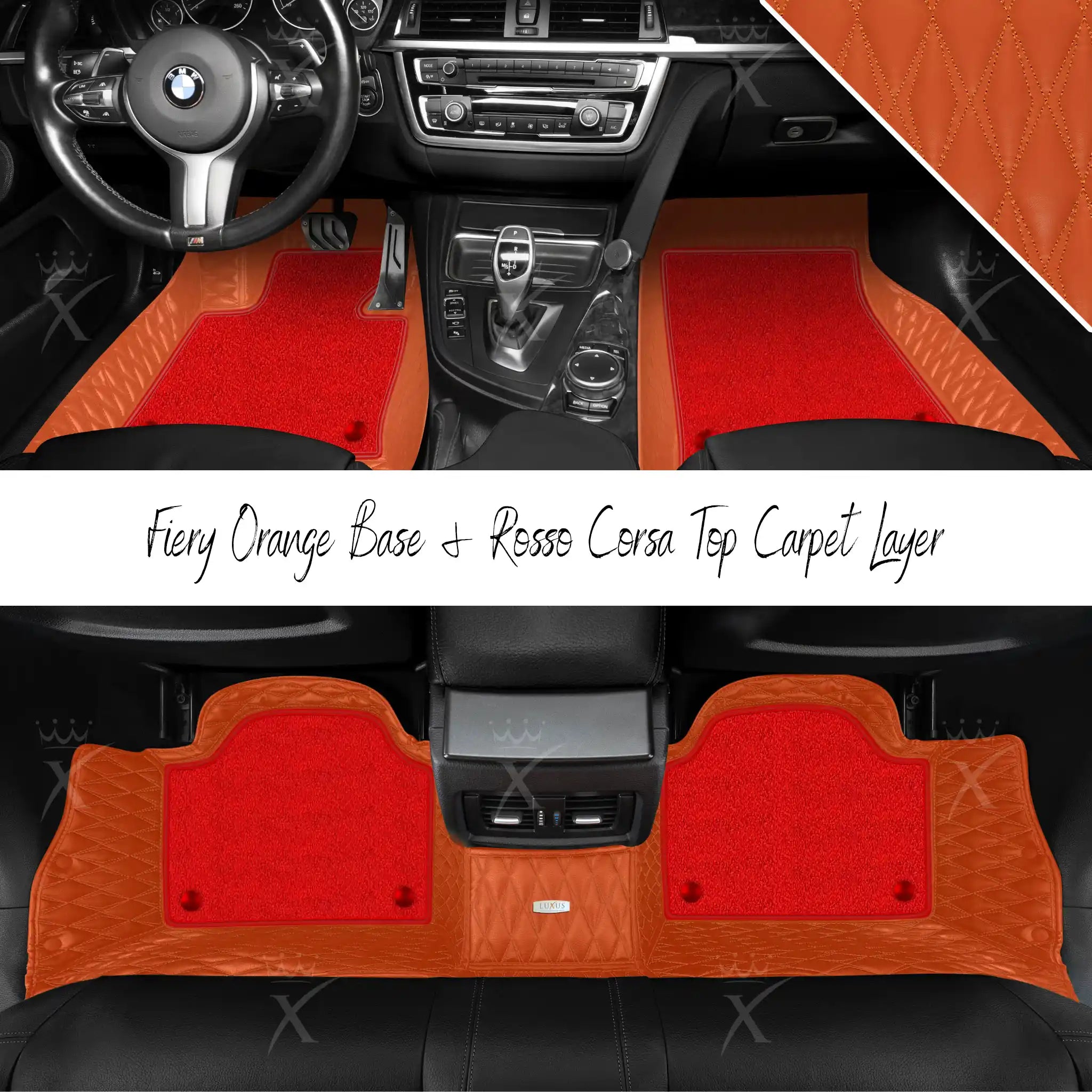 Fiery Orange Twin Diamond & Rosso Corsa Carpet | Double Layer Luxury Car Mats Set