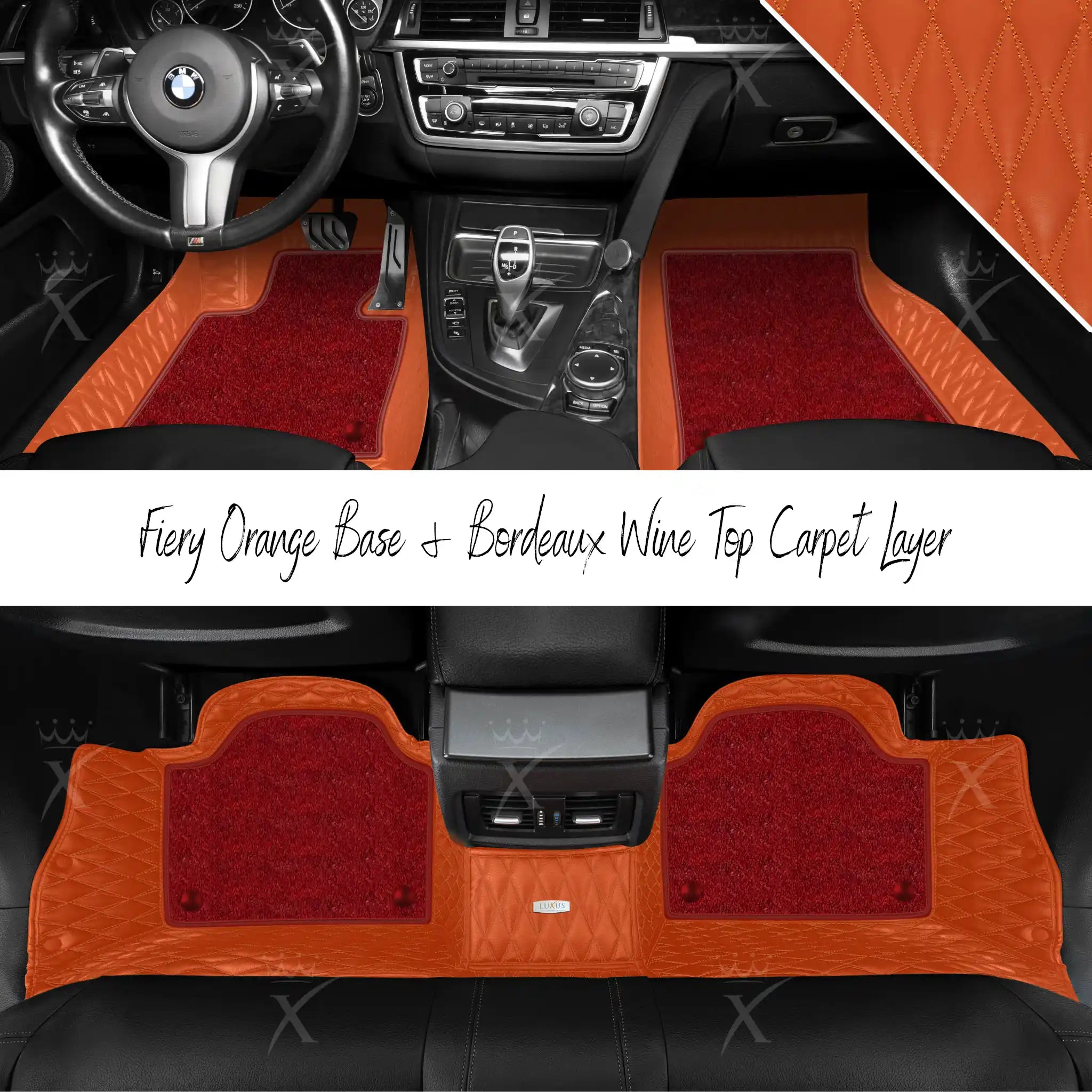 Fiery Orange Twin Diamond & Bordeaux Wine Carpet | Double Layer Luxury Car Mats Set