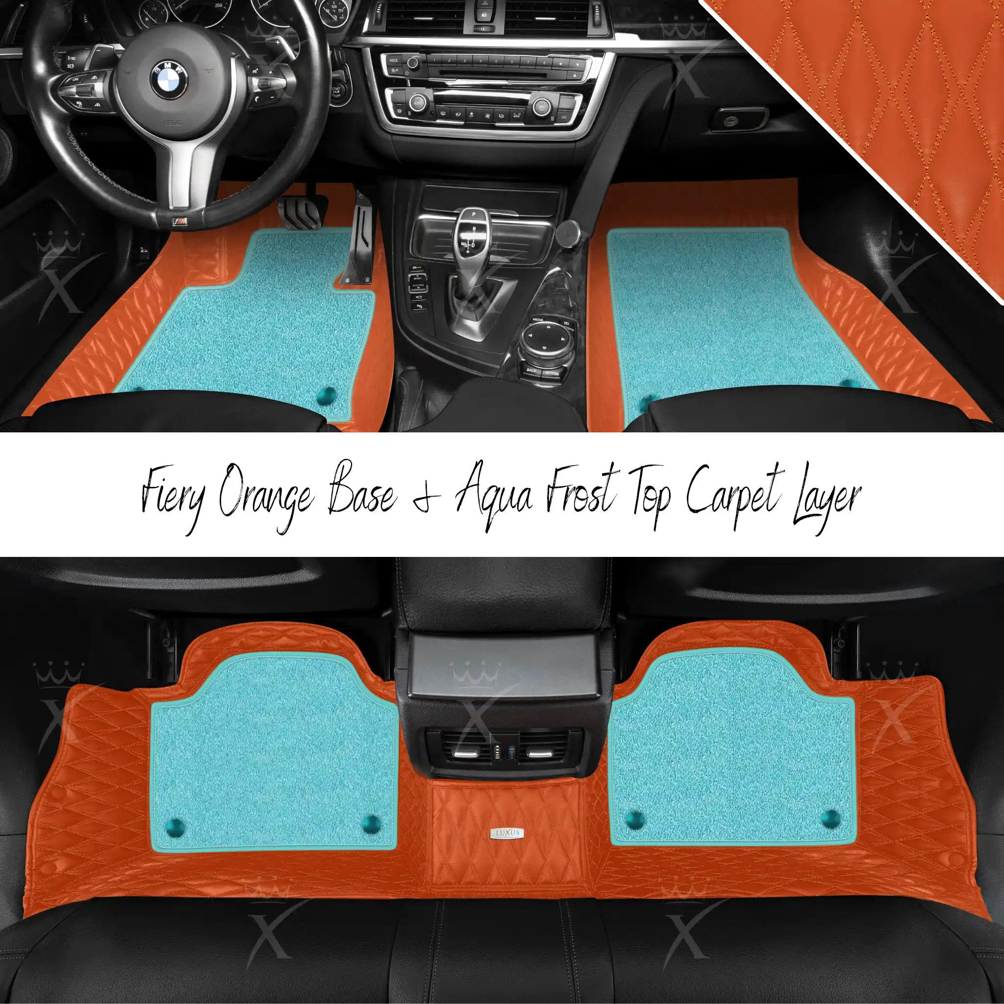 Fiery Orange Twin Diamond & Aqua Frost Carpet | Double Layer Luxury Car Mats Set