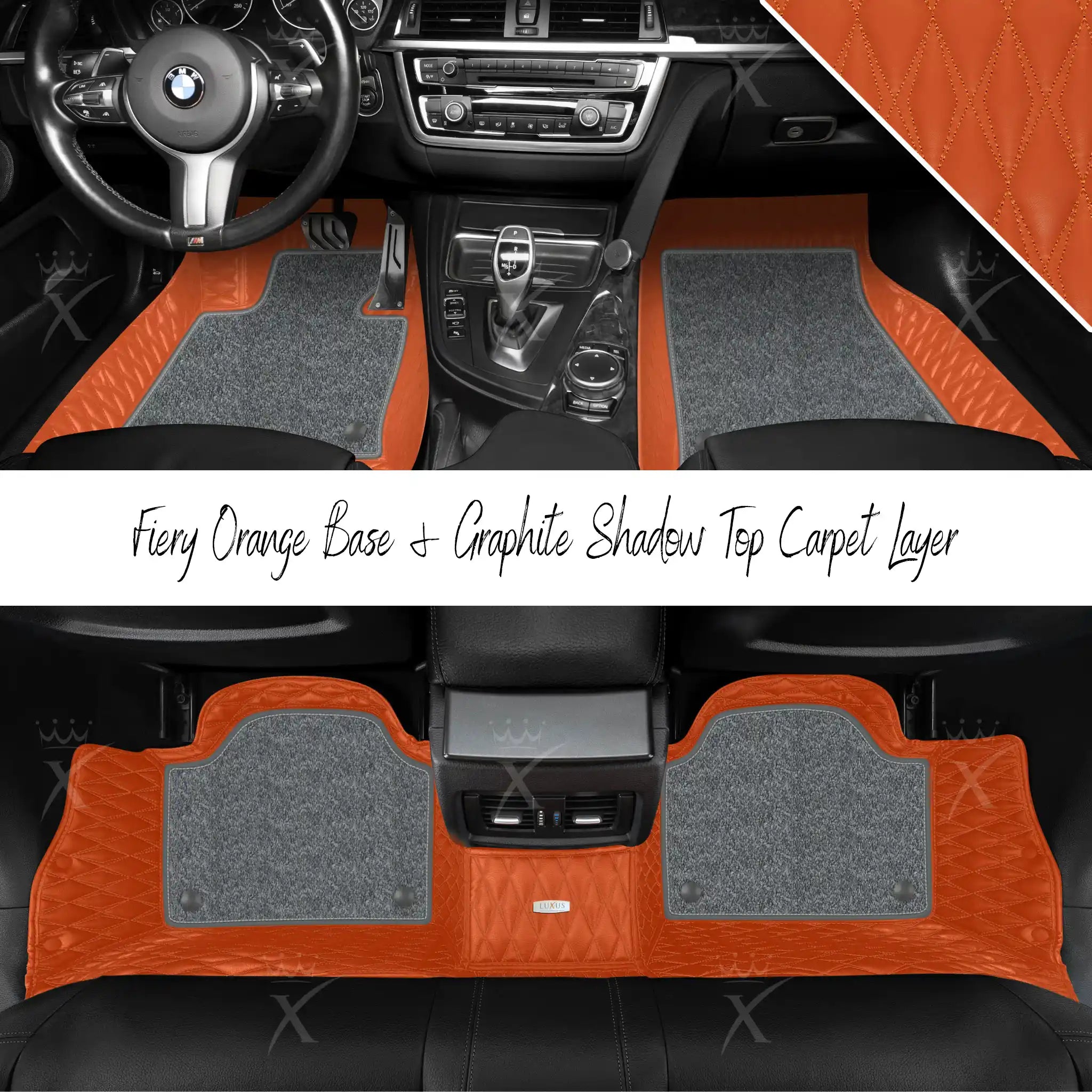Fiery Orange Twin Diamond & Graphite Shadow Carpet | Double Layer Luxury Car Mats Set