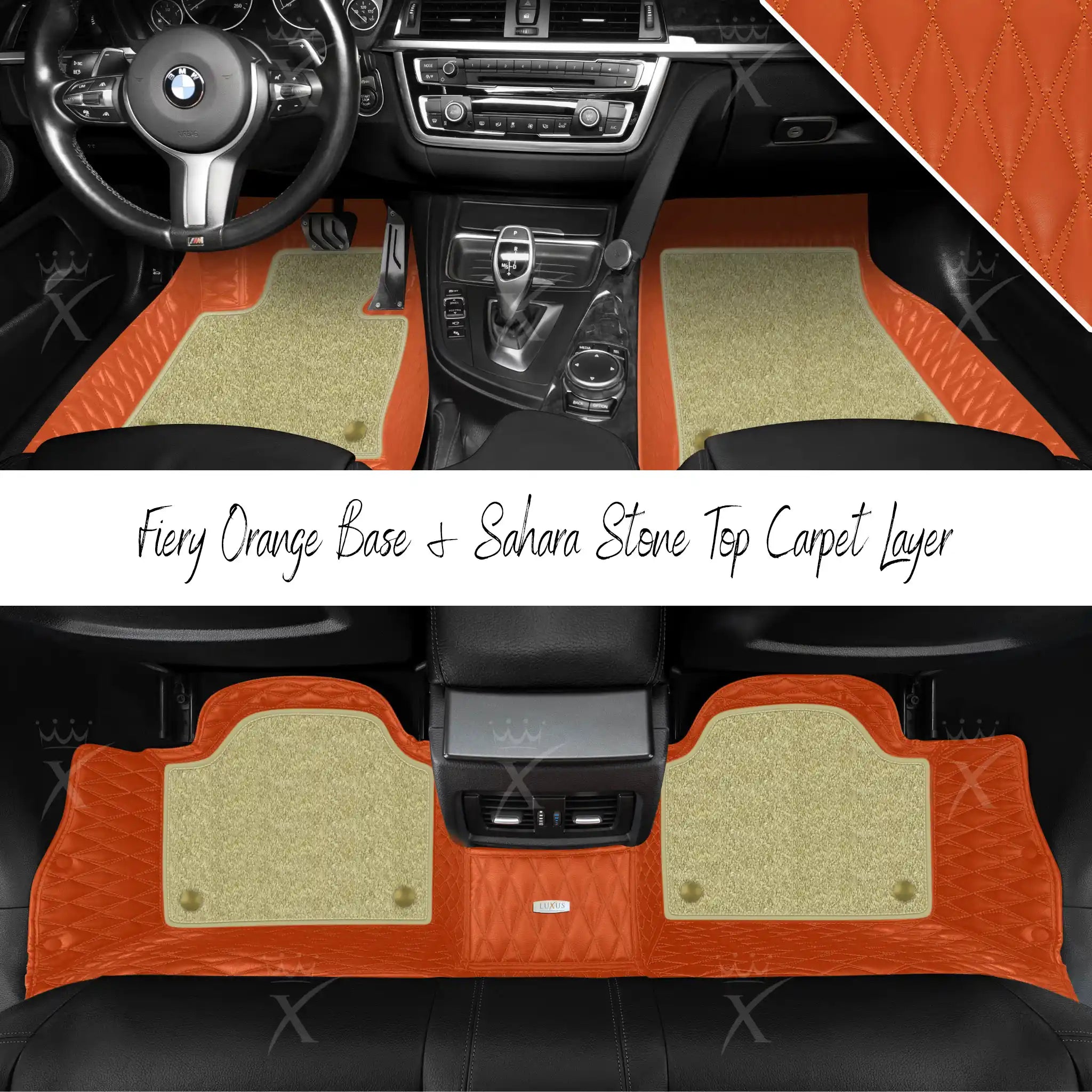 Fiery Orange Twin Diamond & Sahara Stone Carpet | Double Layer Luxury Car Mats Set