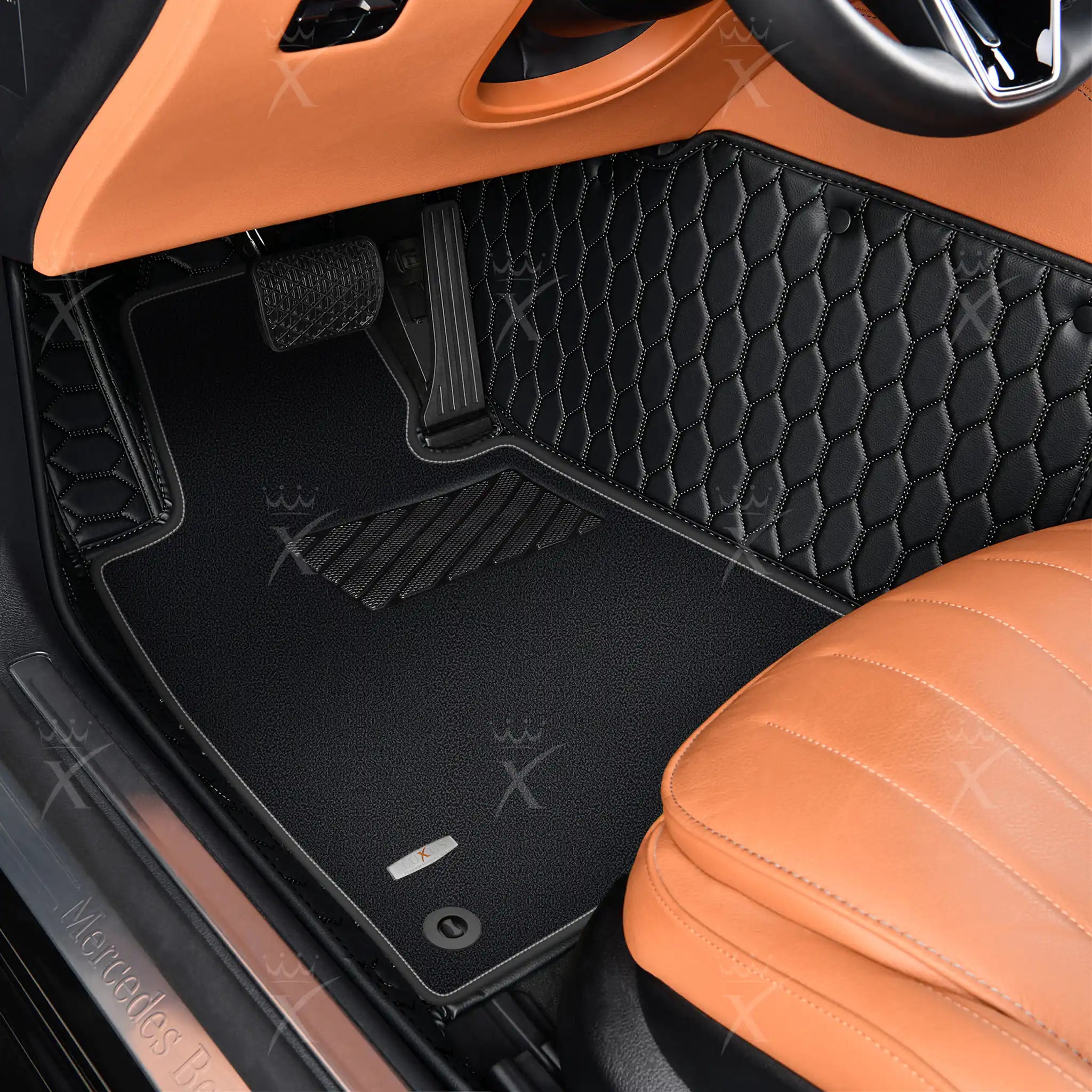 Black & Black Stitching Honeycomb & Black Carpet | Double Layer Luxury Car Mats Set