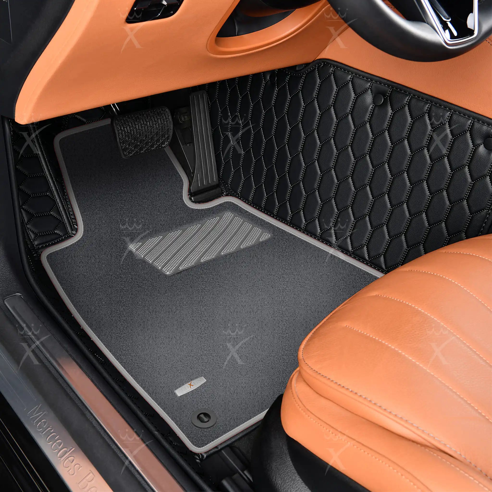 Black & Black Stitching Honeycomb & Grey Carpet | Double Layer Luxury Car Mats Set