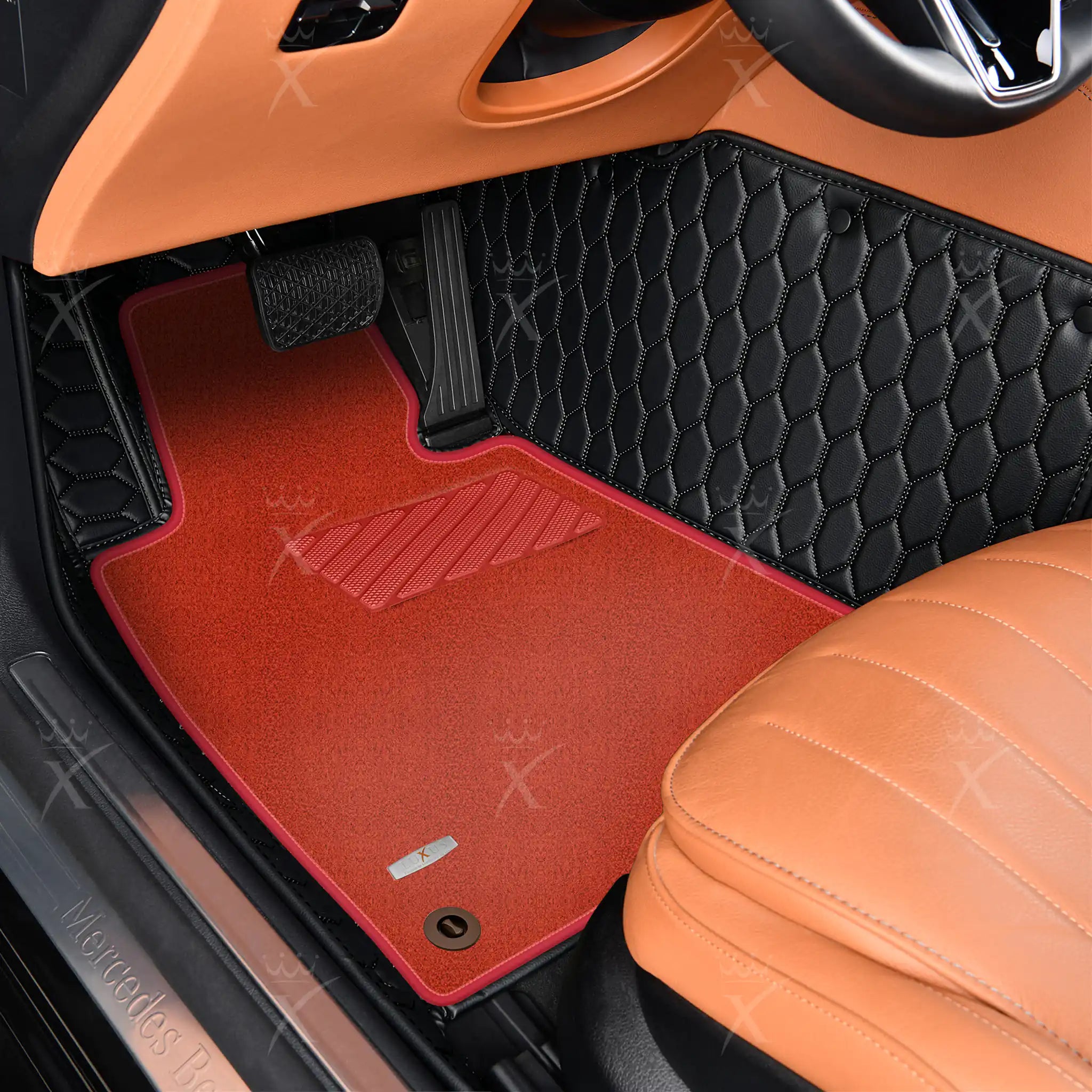 Luxus Honeycomb Double Layer Series Floor Mats | Black & Black Stitching & Red Top Carpet