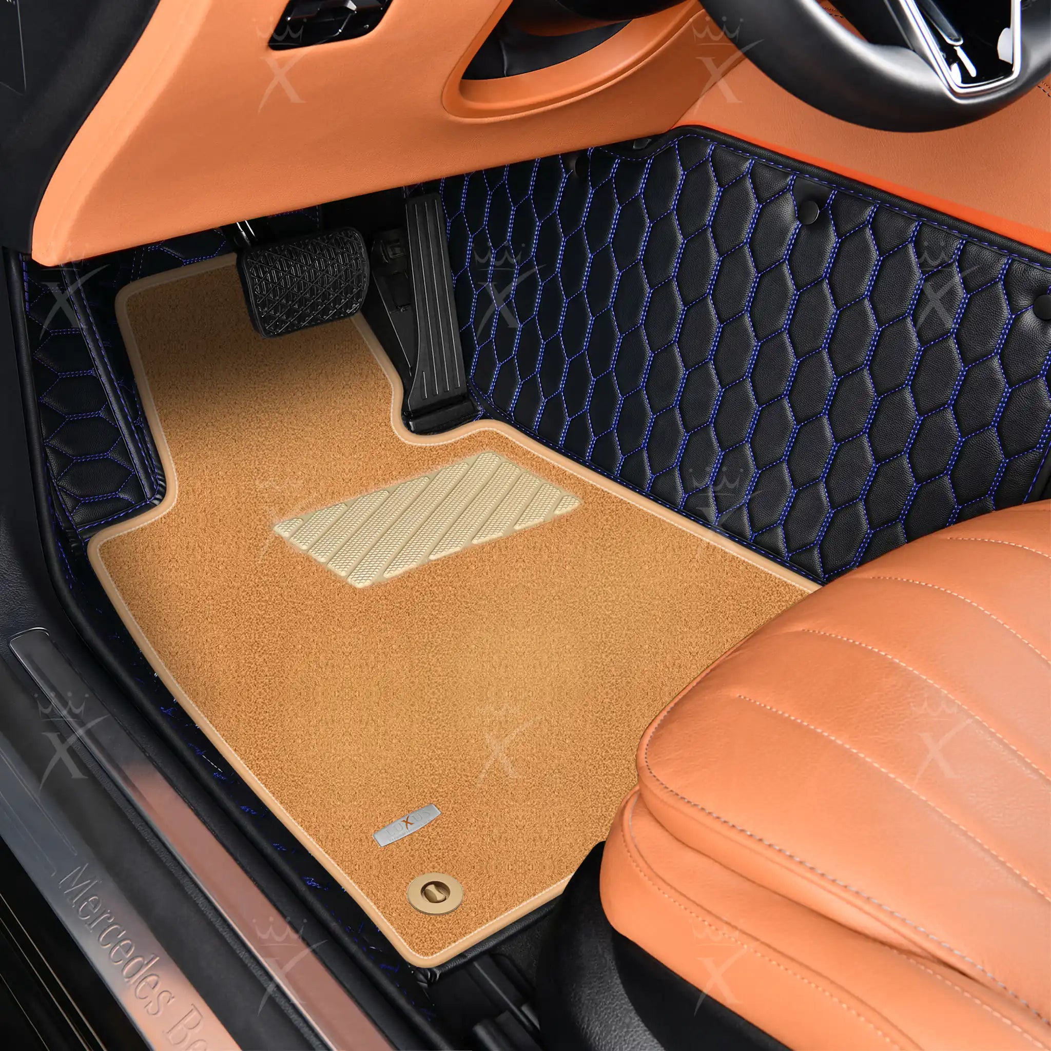 Luxus Honeycomb Double Layer Series Floor Mats | Black & Blue Stitching & Beige Top Carpet
