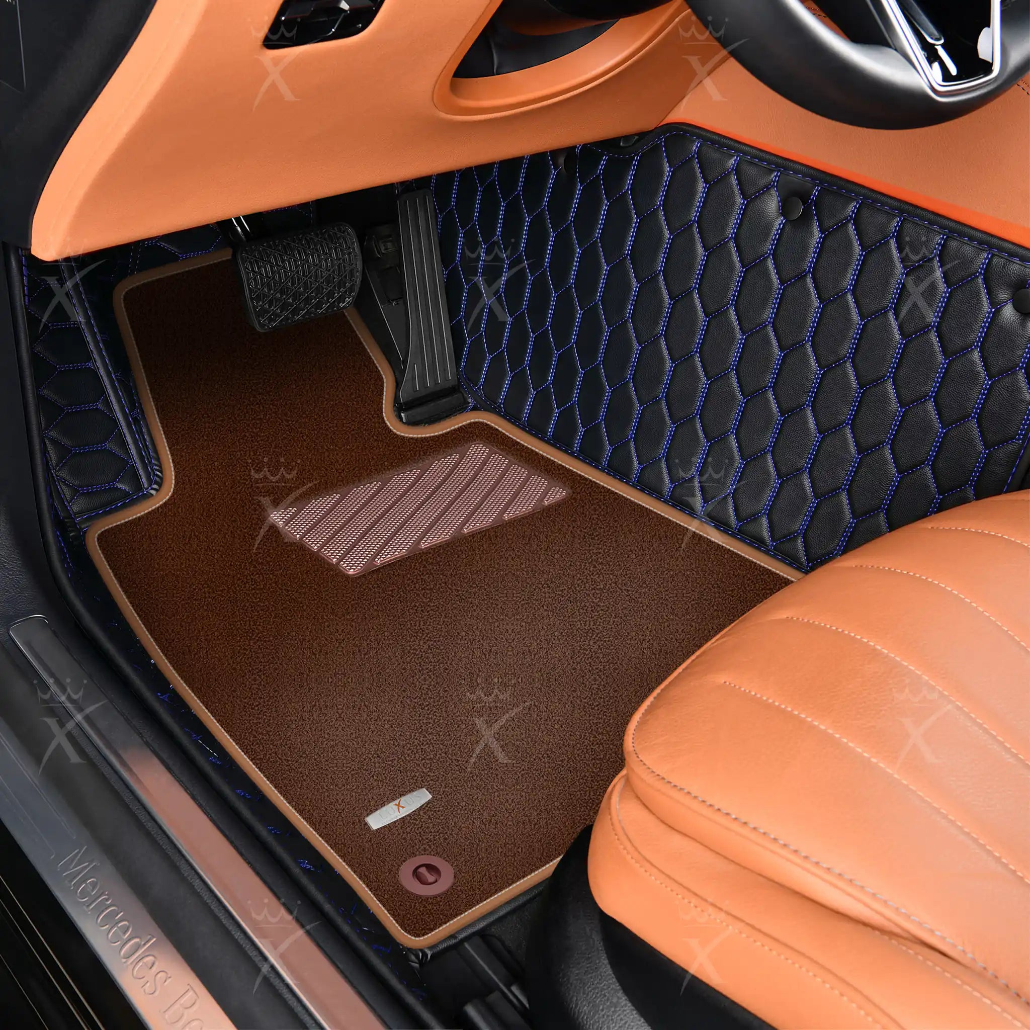 Black & Blue Stitching Honeycomb & Brown Carpet | Double Layer Luxury Car Mats Set