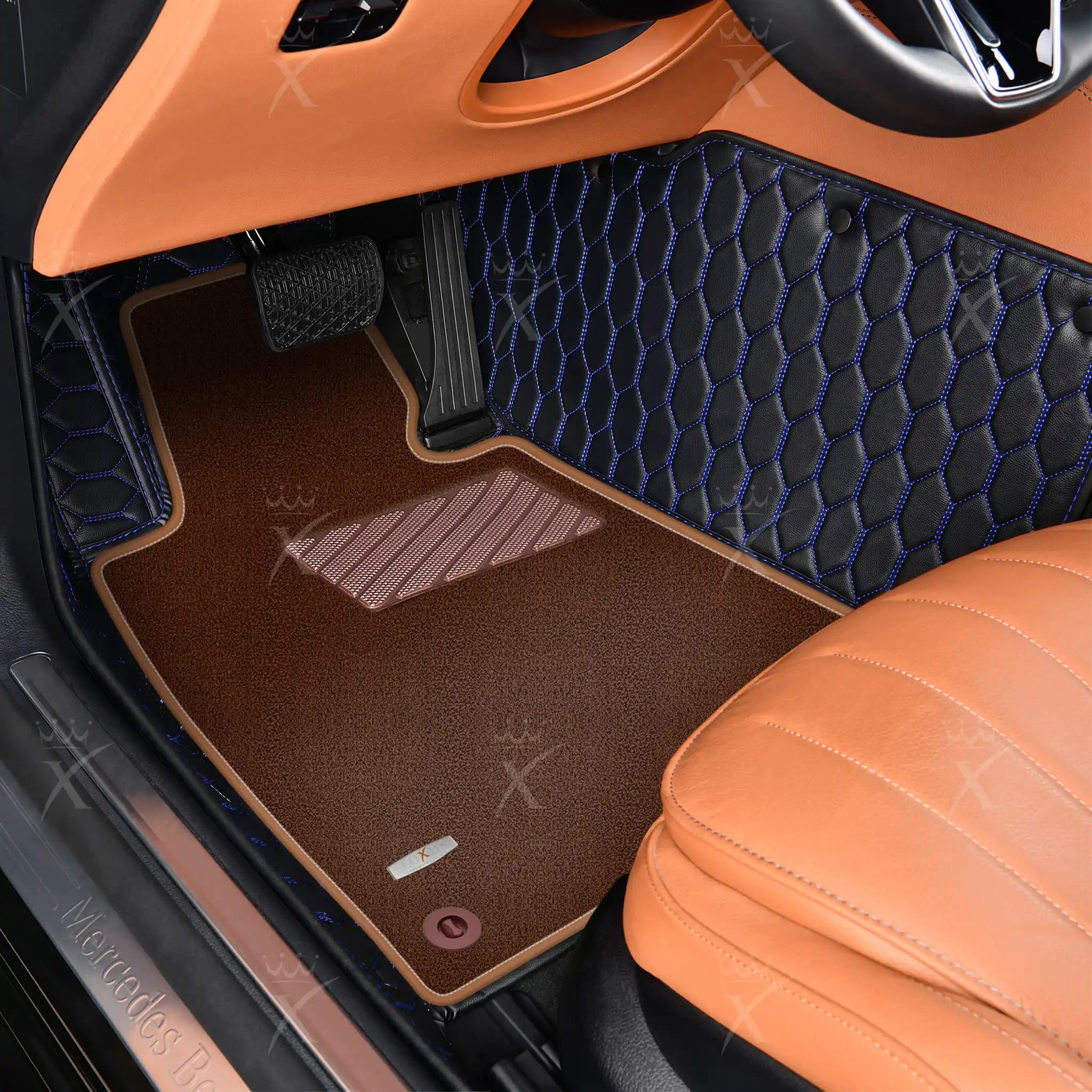 Luxus Honeycomb Double Layer Series Floor Mats | Black & Blue Stitching & Brown Top Carpet