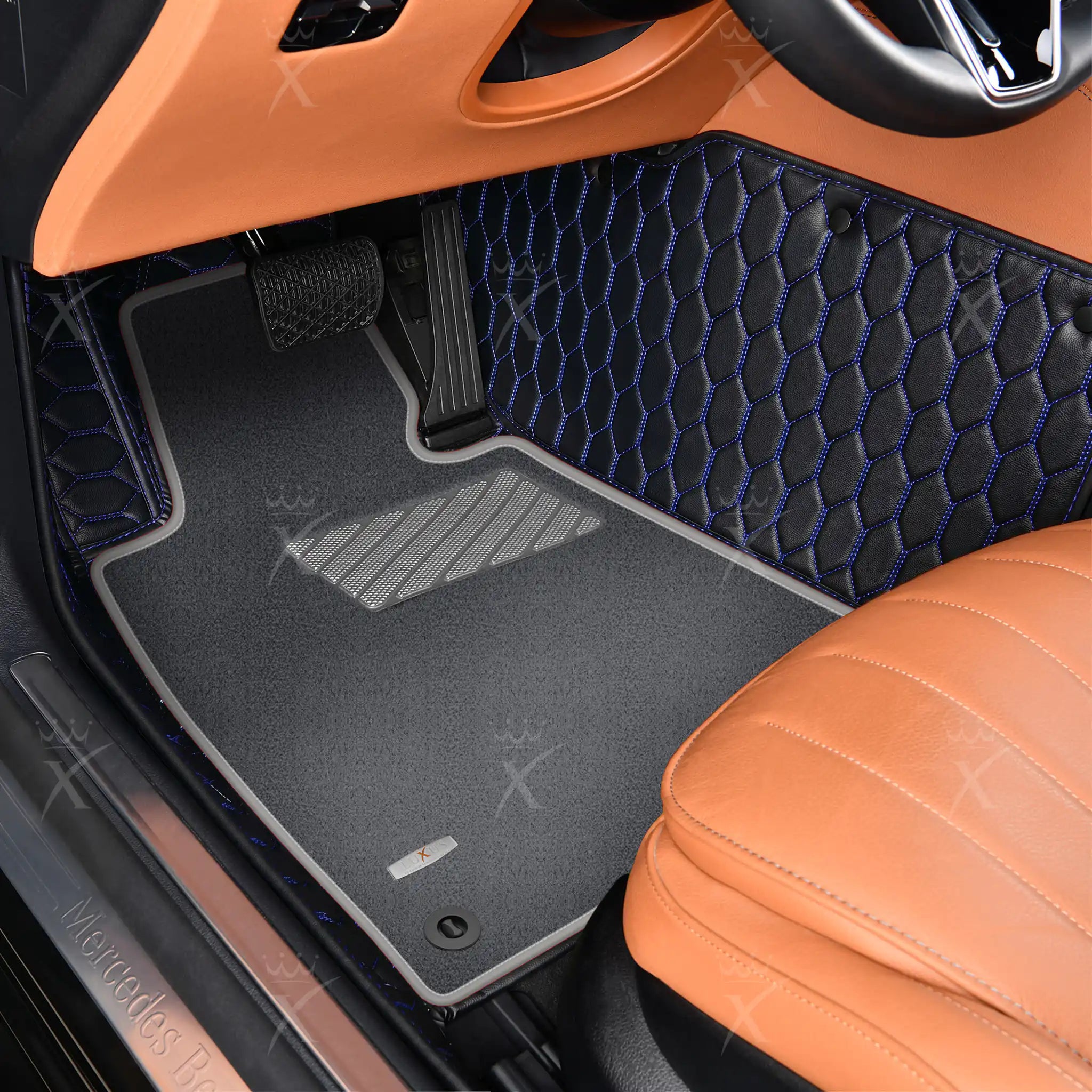 Luxus Honeycomb Double Layer Series Floor Mats | Black & Blue Stitching & Gray Top Carpet