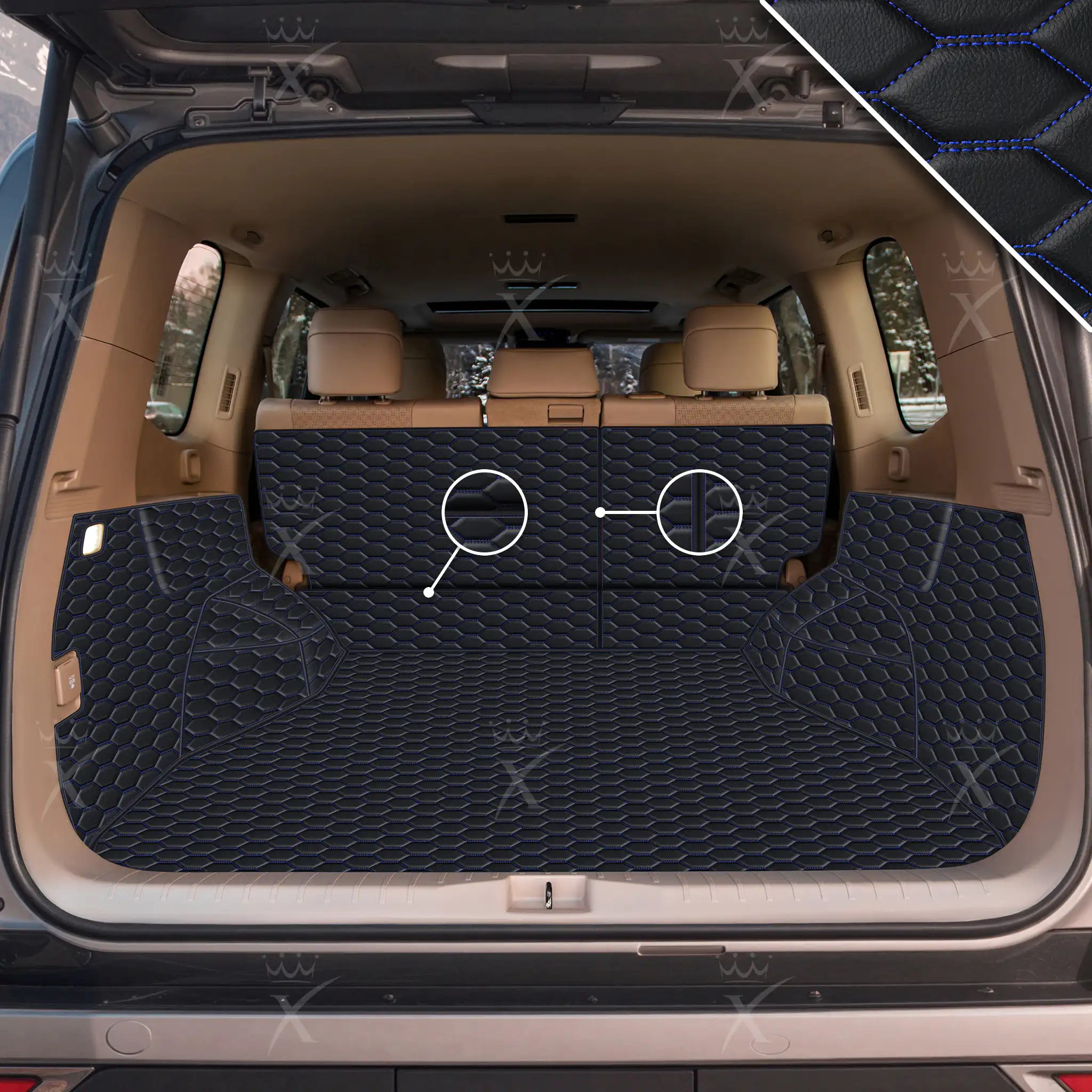 Luxus 360Fit Premium Honeycomb Custom Trunk Liner | Black & Blue Stitching