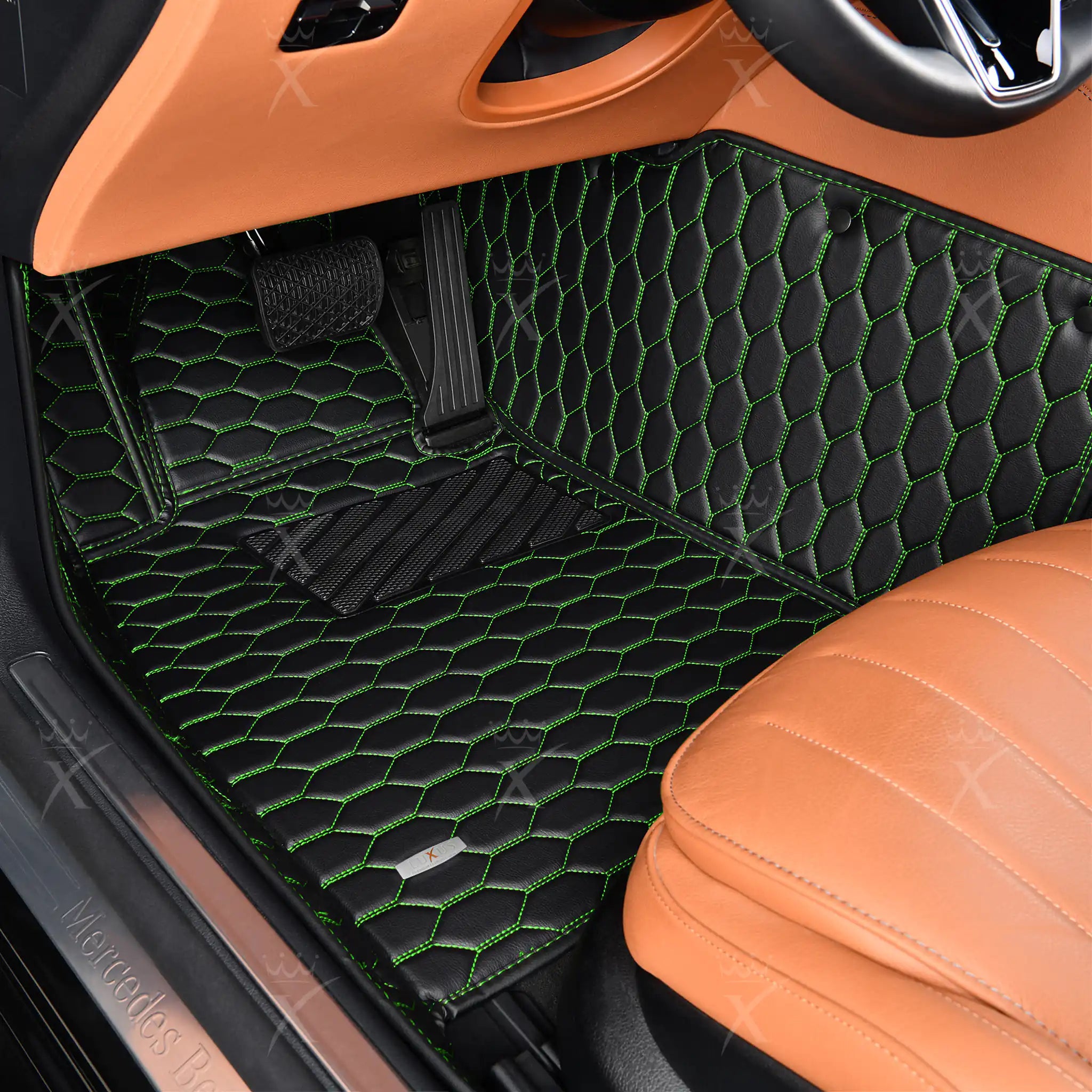 Luxus Premium Honeycomb Custom Car Mats Set | Black & Green Stitching