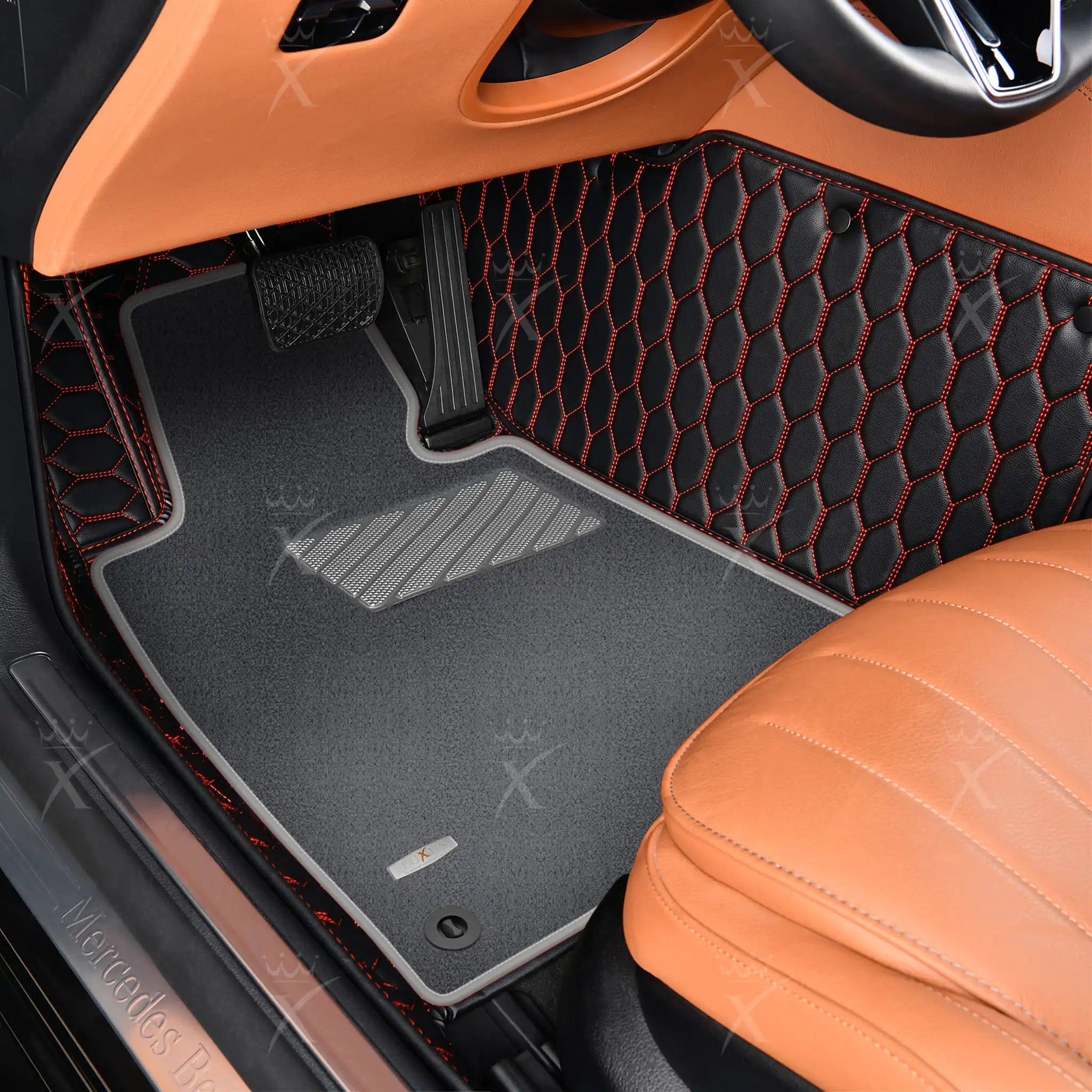 Luxus Honeycomb Double Layer Series Floor Mats | Black & Red Stitching & Gray Top Carpet