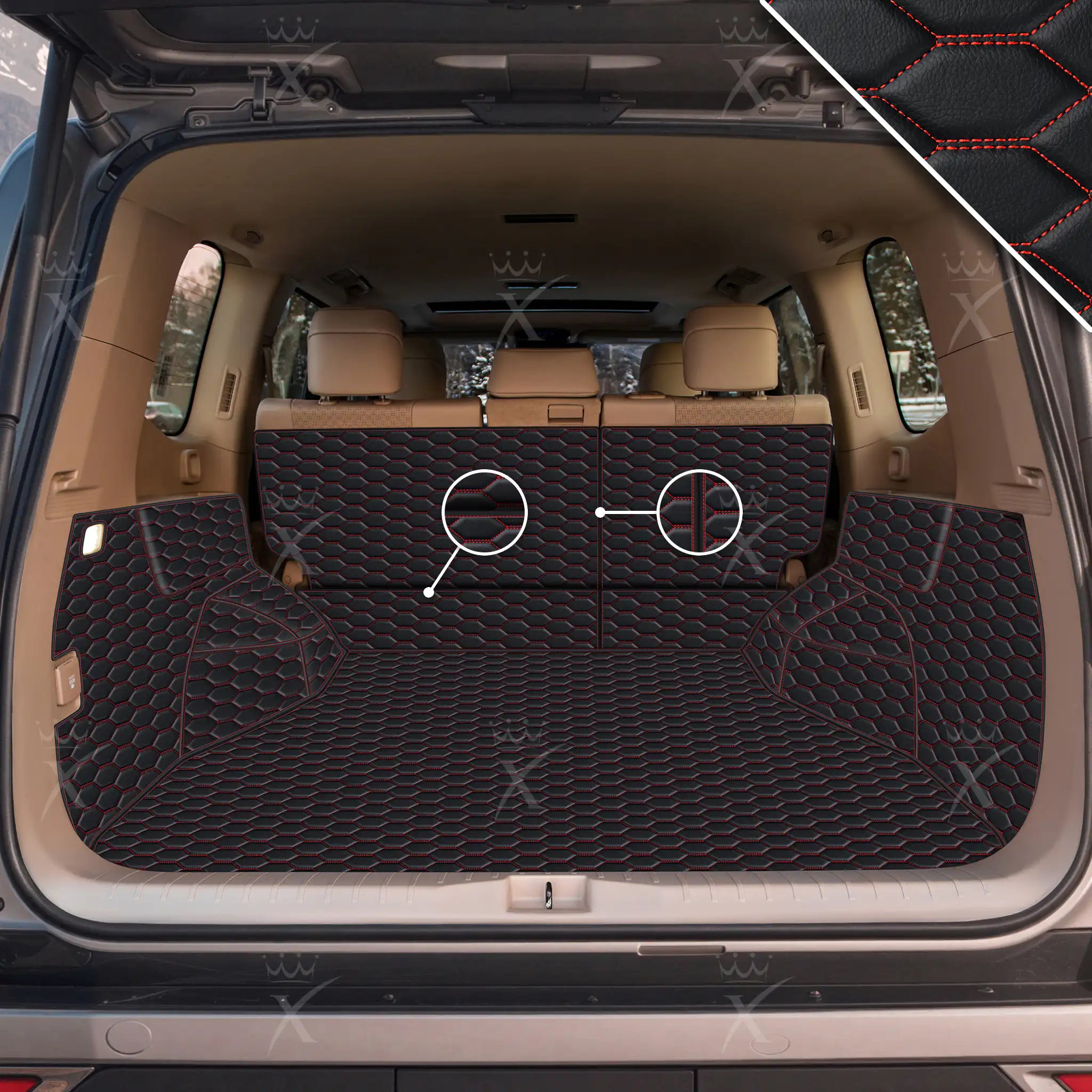 Luxus 360Fit Premium Honeycomb Custom Trunk Liner | Black & Red Stitching