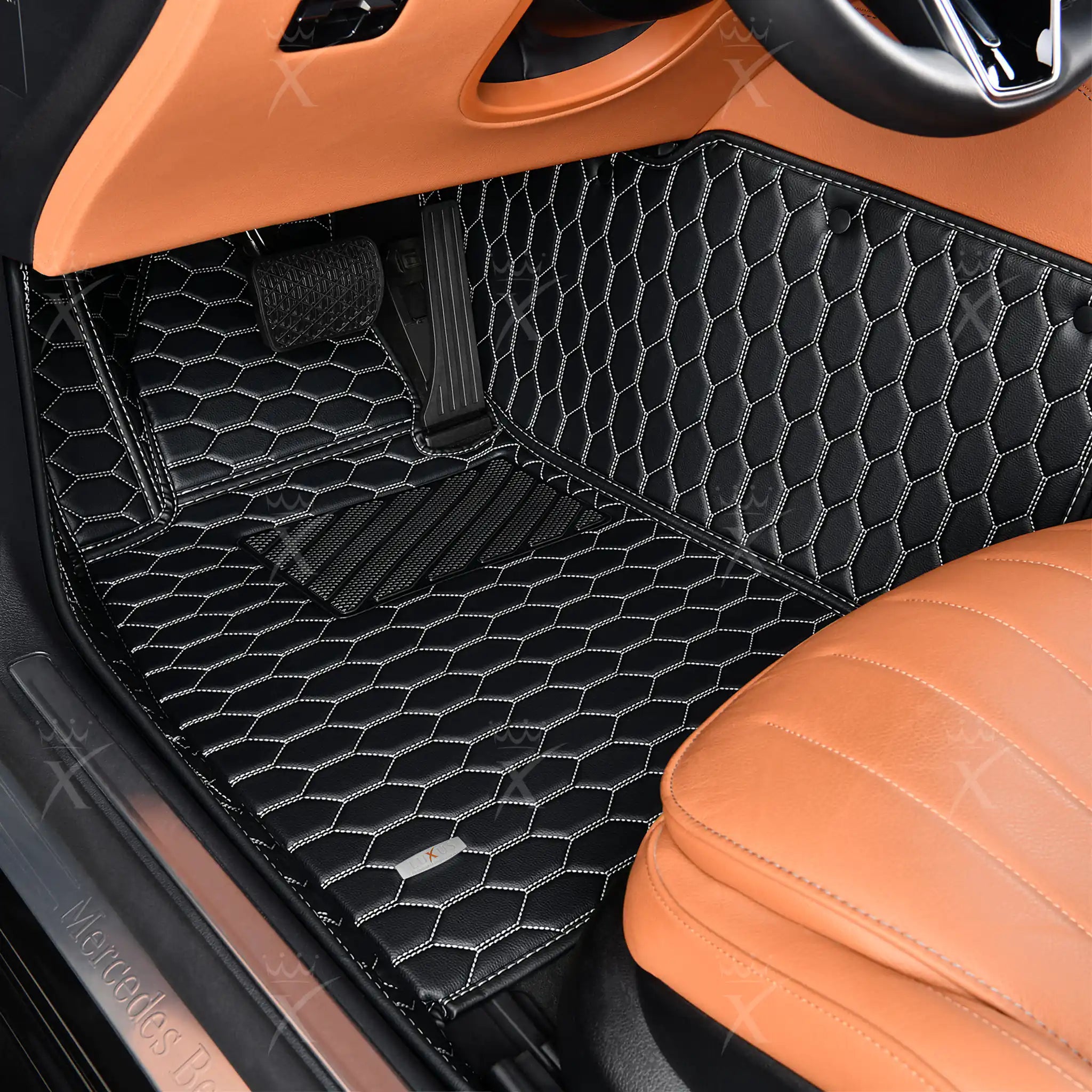 Luxus Premium Honeycomb Custom Car Mats Set | Black & White Stitching