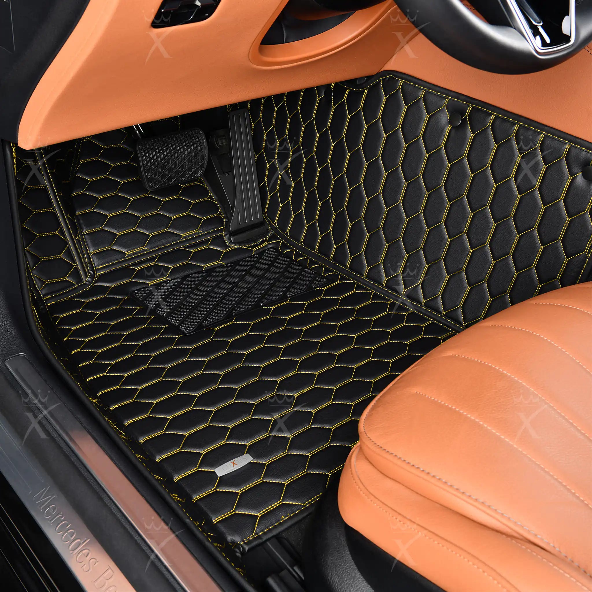 Luxus Premium Honeycomb Custom Car Mats Set | Black & Yellow Stitching